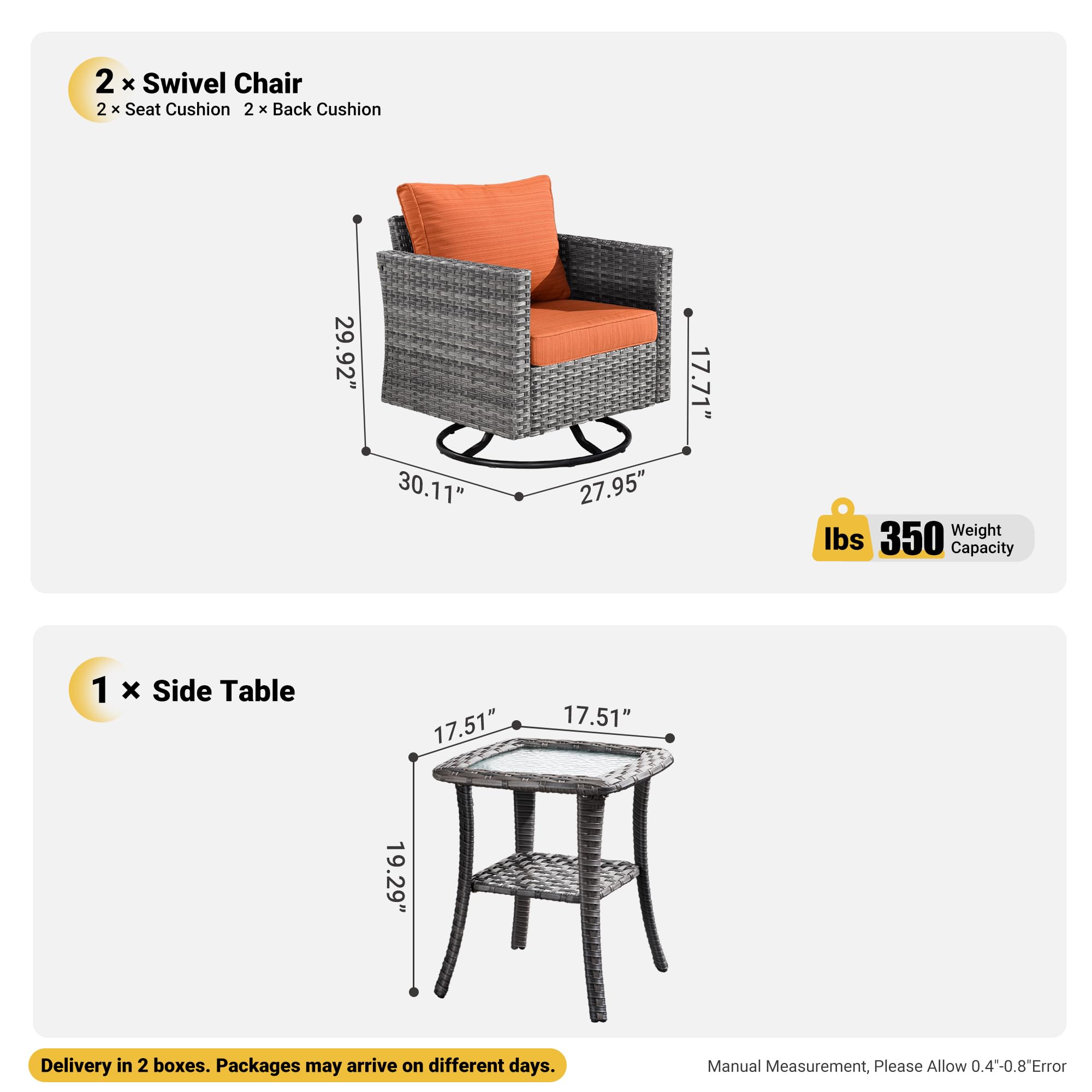 OVIOS Patio Furniture 3-Piece Set with Swivel Chairs and Table Square Shape Armrest