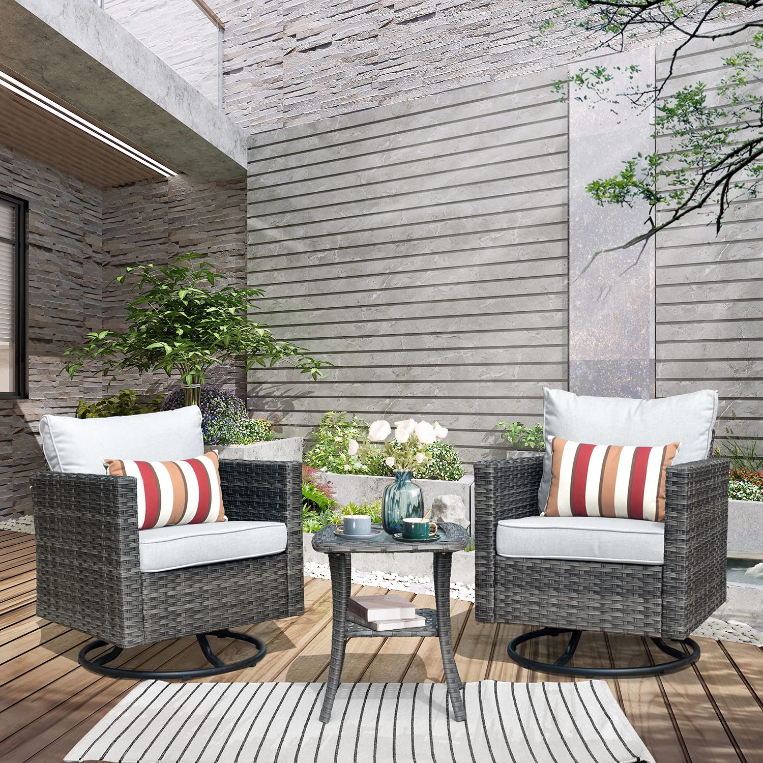 OVIOS Patio Furniture 3-Piece Set with Swivel Chairs and Table Square Shape Armrest