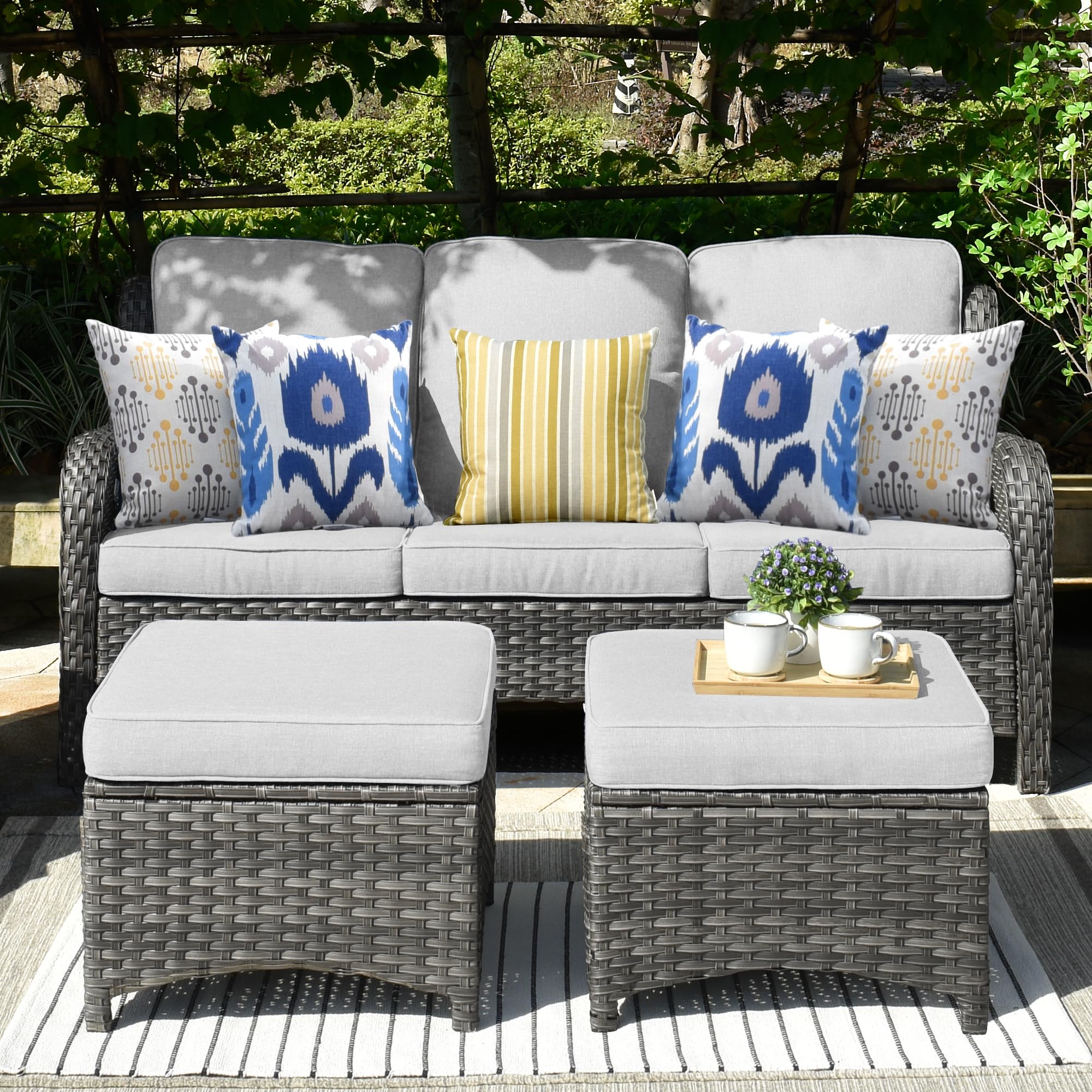 OVIOS Outdoor Couch 3-Piece with Ottoman Kenard Curved Handrest