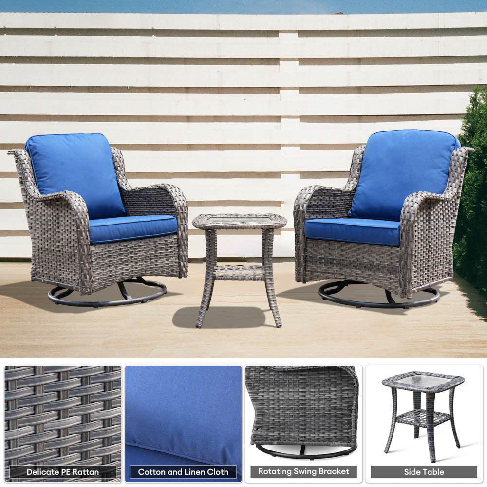 Ovios Patio Furniture Set 3-Piece with Swivel Chairs and Side Table Kenard