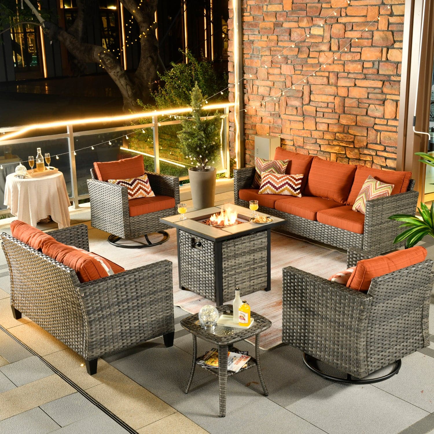 OVIOS Patio Vultros 6-Piece Set With Swivel Chair Lover seat and 30'' Propane Fire Pit Table