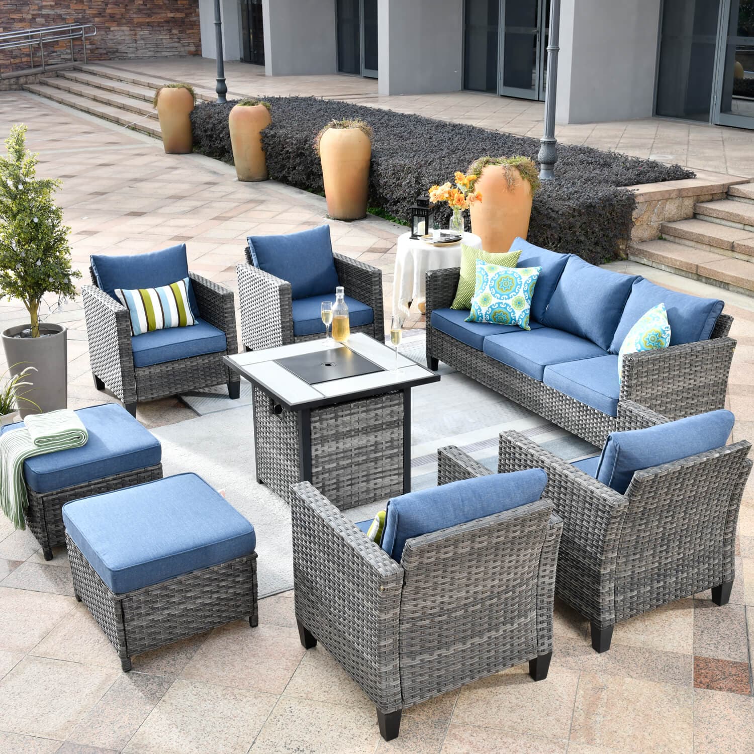 OVIOS Patio Vultros 8-Piece Conversation Set with 30'' Propane Fire Pit Table