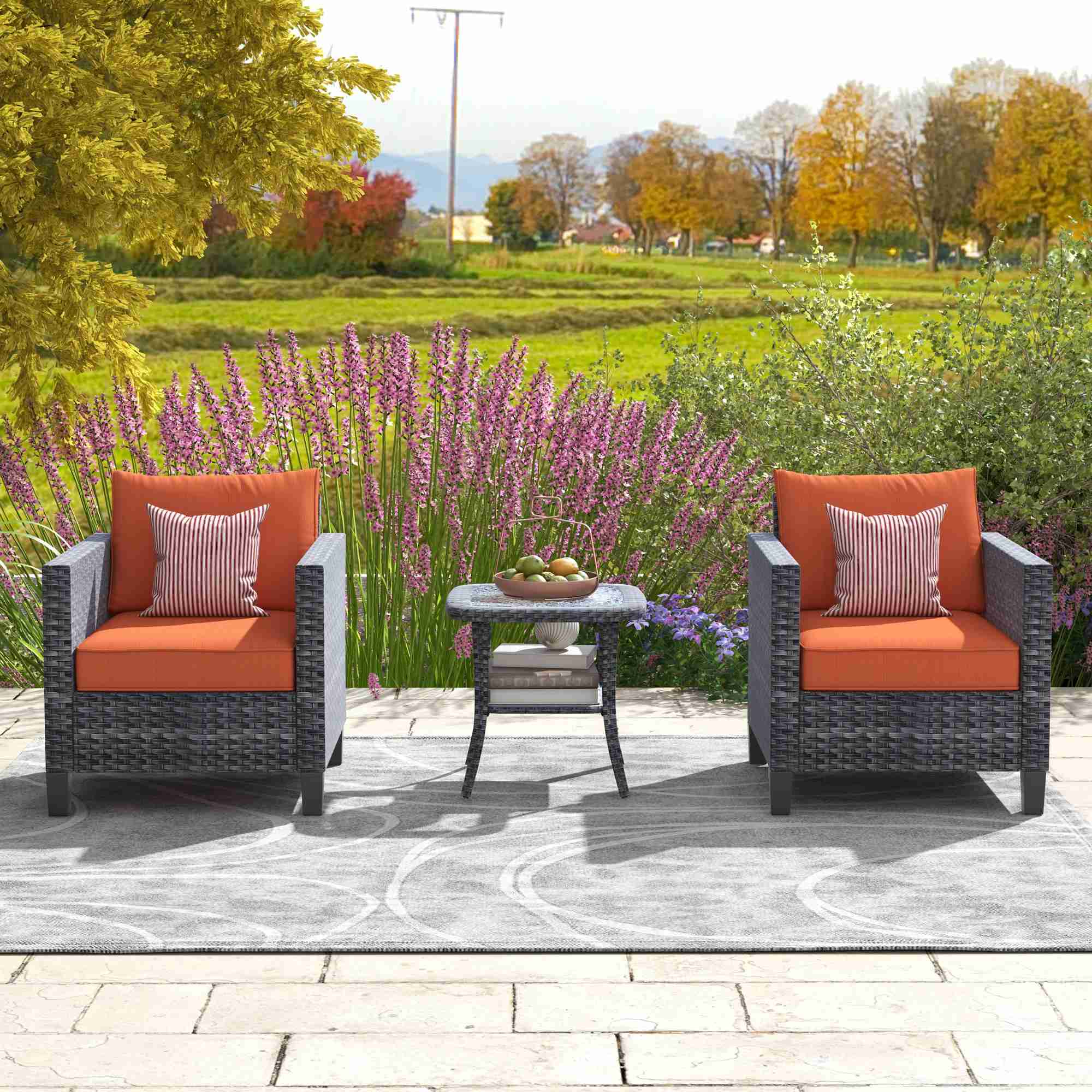 OVIOS Patio Chairs New Vultros 3-Piece with Table High Back Square Shape Armrest