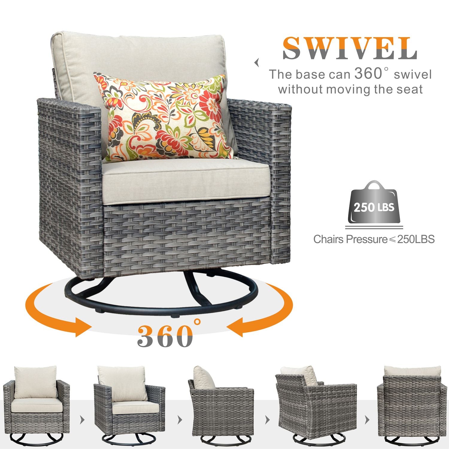 OVIOS Outdoor Sectional Furniture 6-Piece with Rocking Chair and 30'' Fire Pit Table