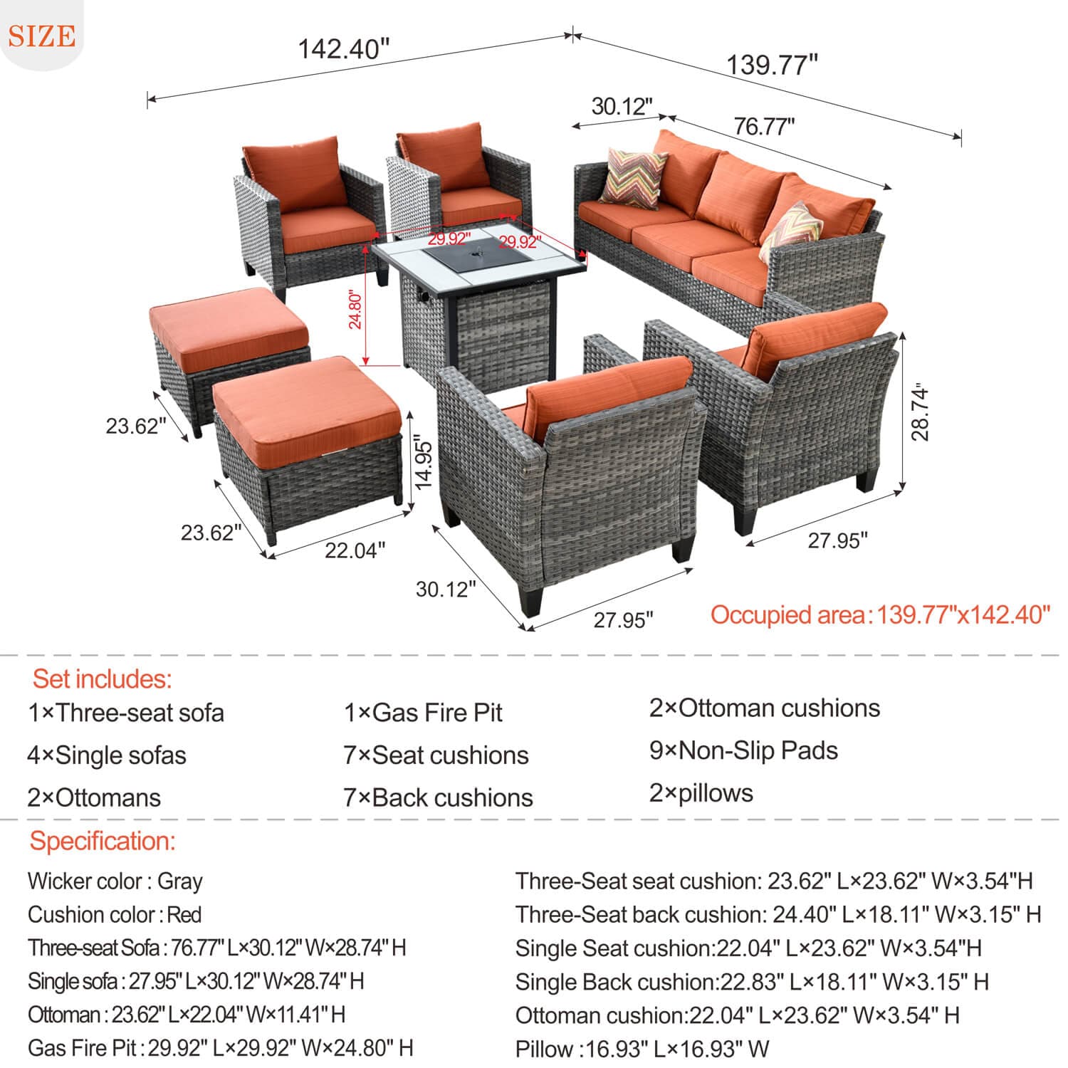 Ovios Patio Vultros 8-Piece Conversation Set with 30'' Propane Fire Pit Table