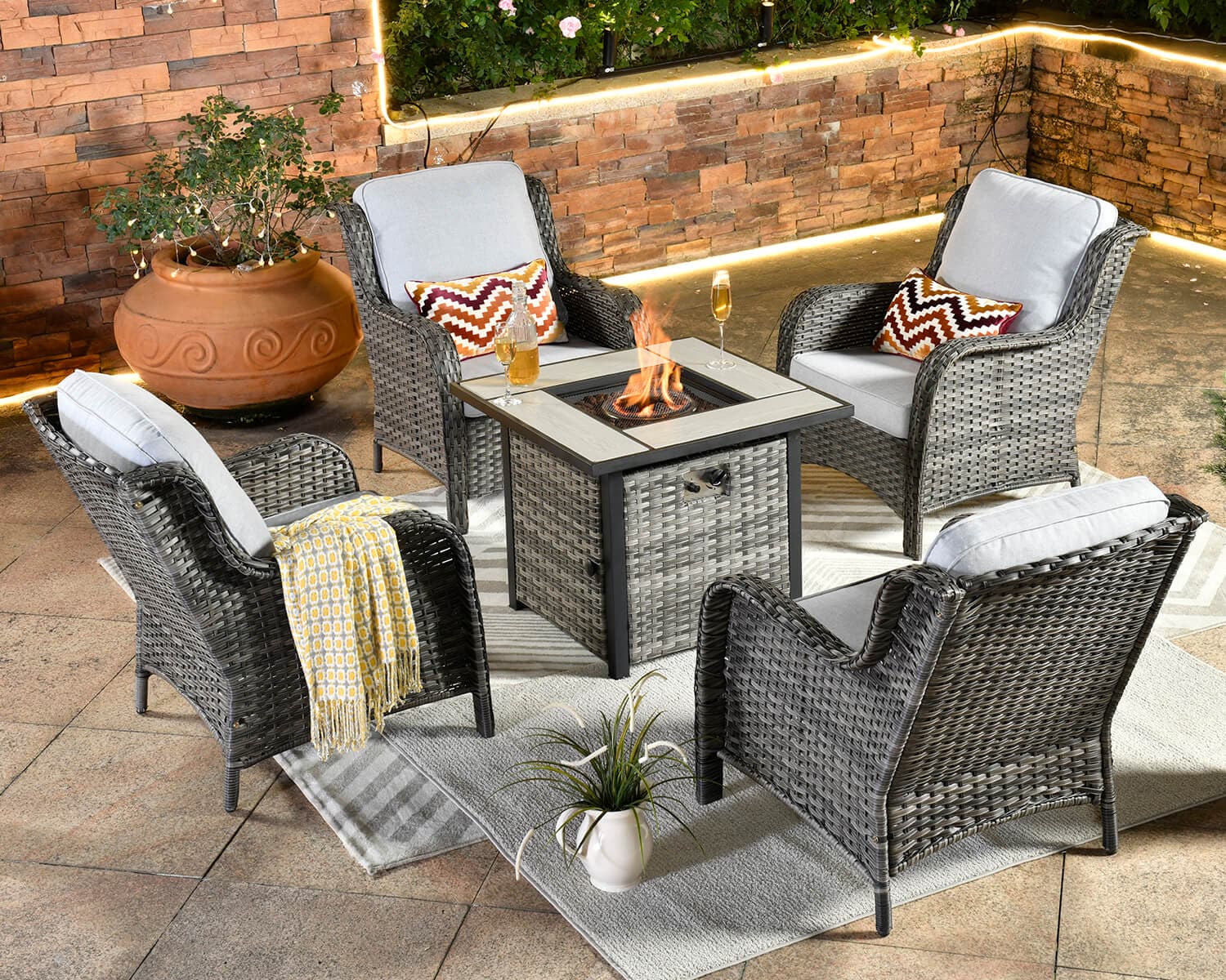 Ovios Outdoor Furniture 5-Piece with 30'' Fire Pit Table and Kenard Chairs