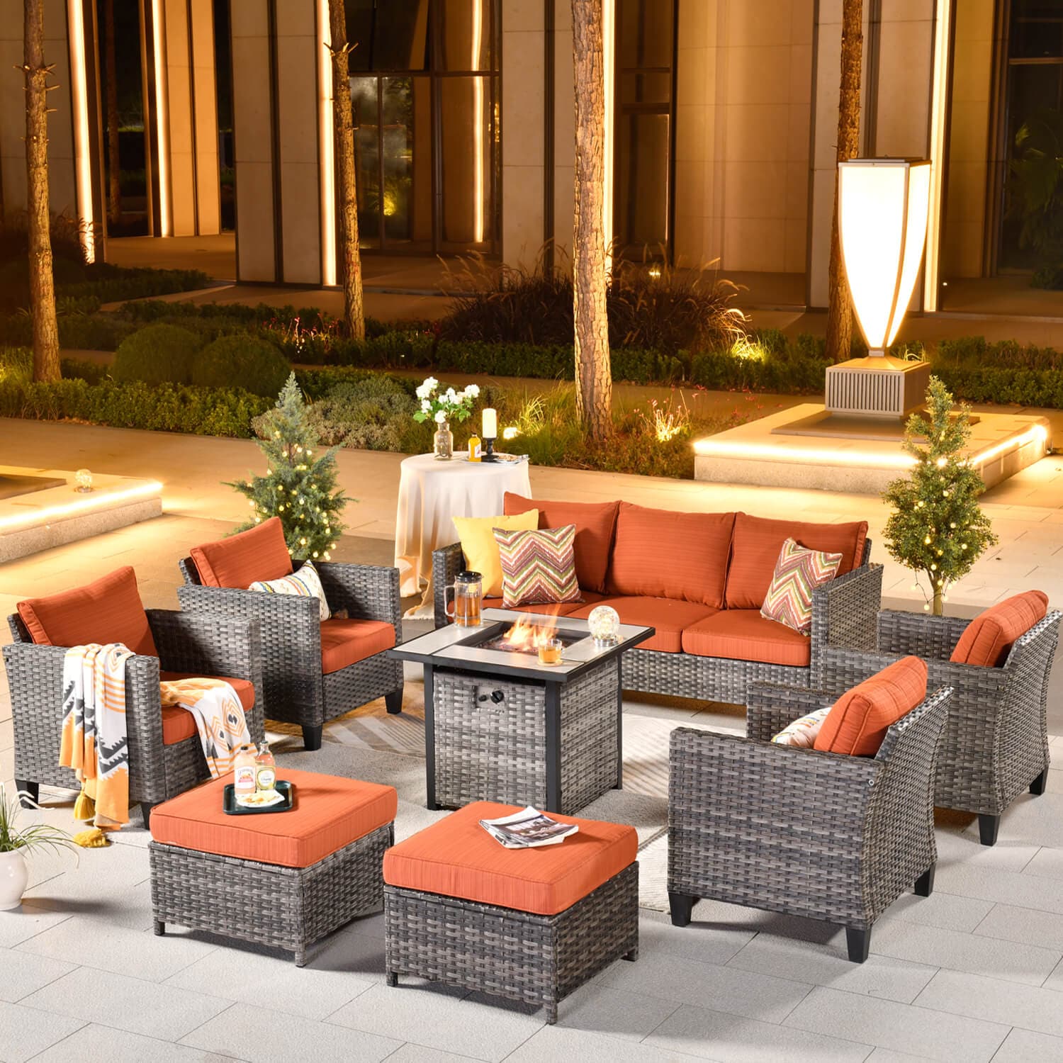 OVIOS Patio Vultros 8-Piece Conversation Set with 30'' Propane Fire Pit Table