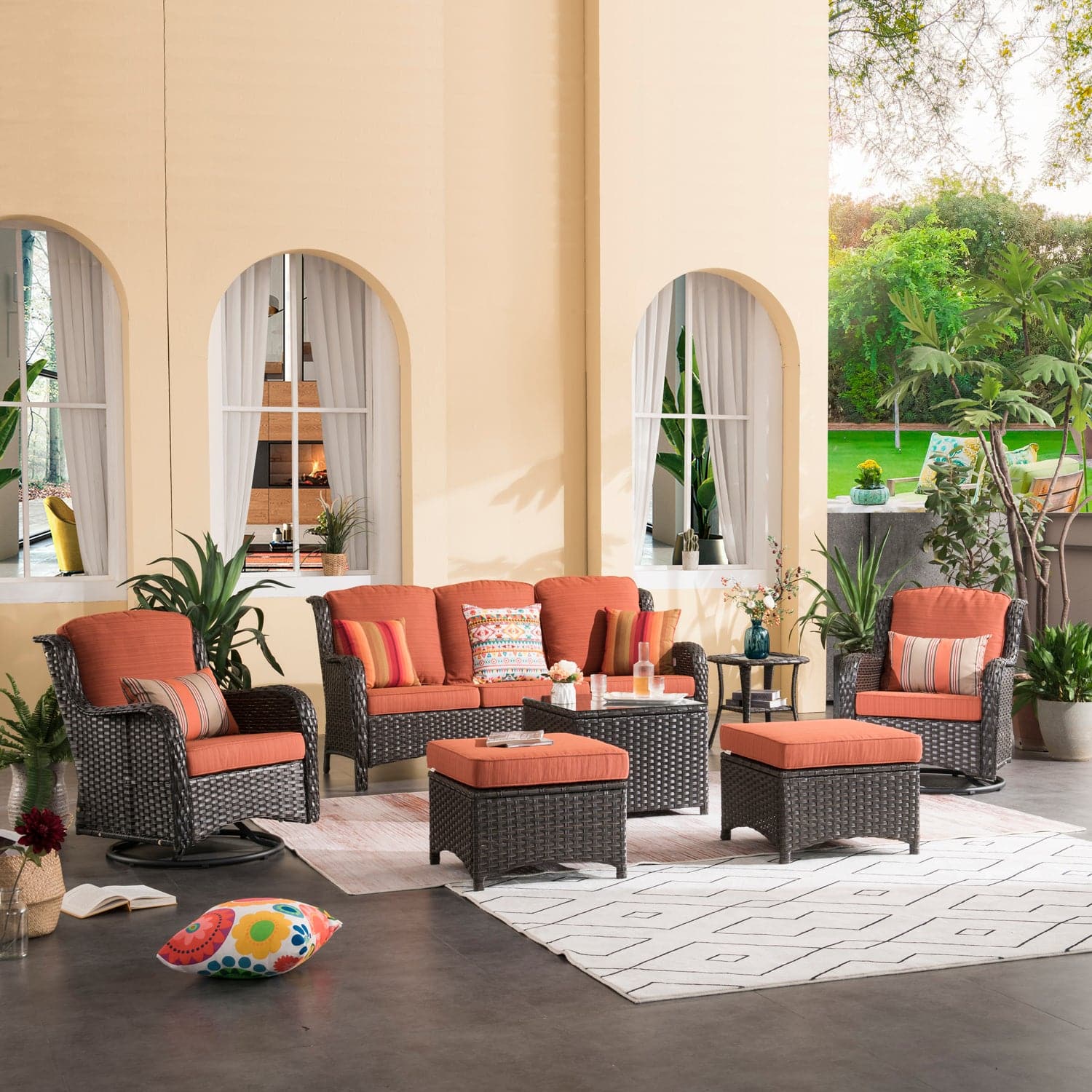 Ovios Patio Conversation Set 7-Piece with Swivel Chairs and Table Kenard