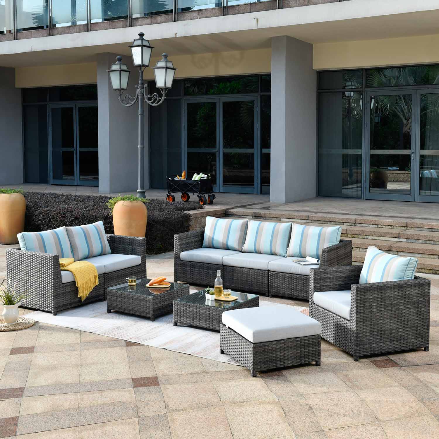 Ovios Patio Conversation 9-Piece Bigger Size Set with Grey Sunbrella, King Series, Fully Assembled