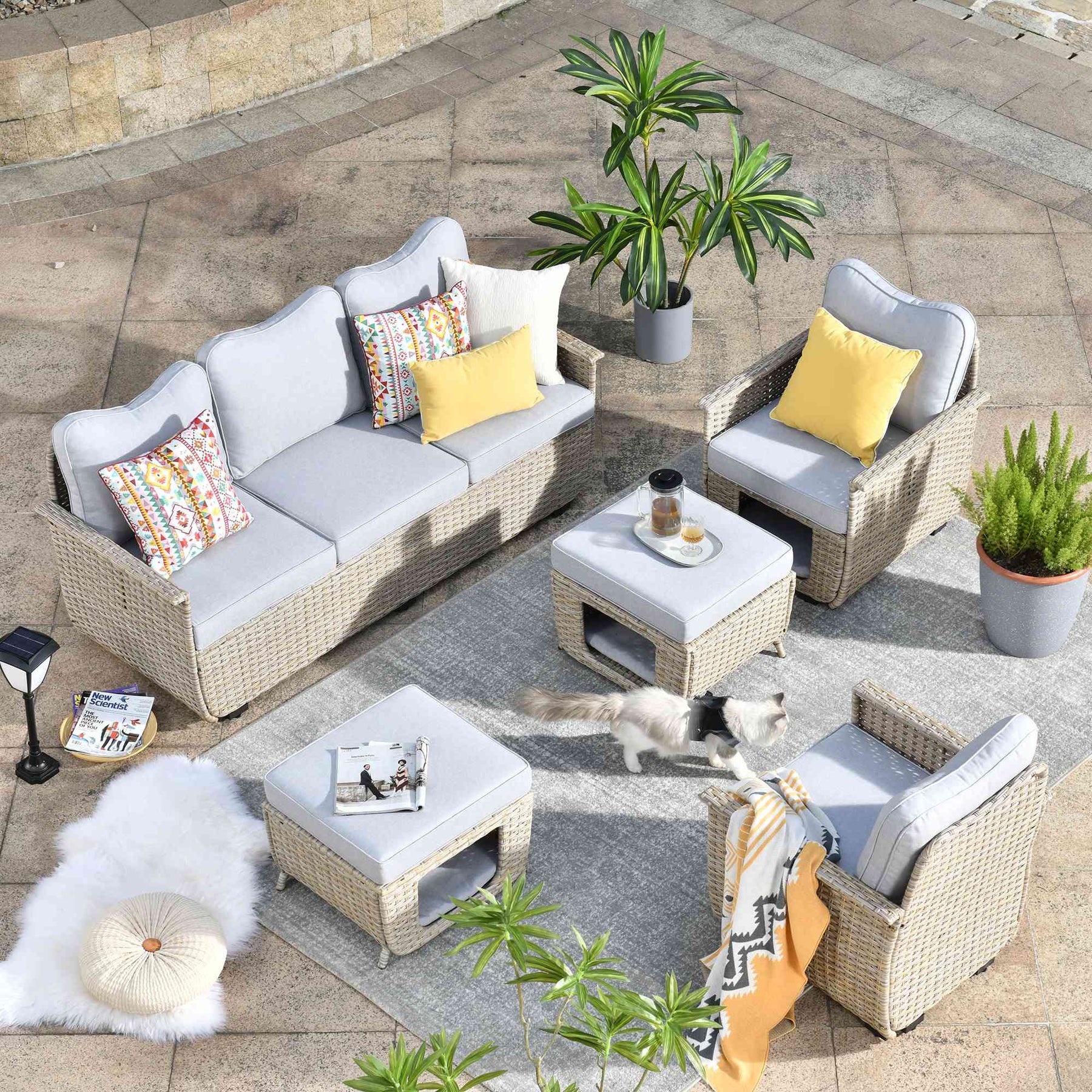 Ovios Patio Conversation Set 5 Pieces Beige Wicker with Multifunctional Storage