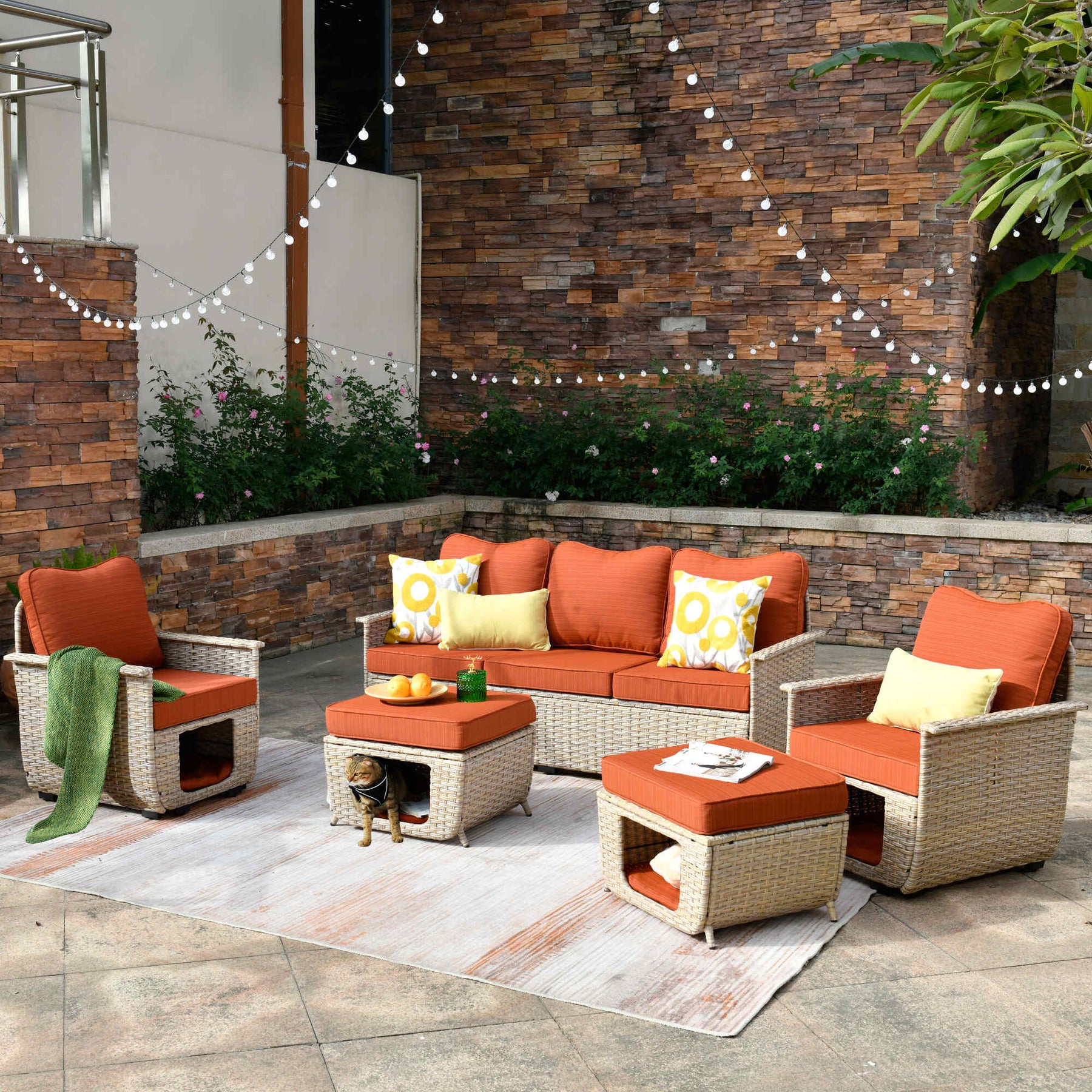 Ovios Patio Conversation Set 5 Pieces Beige Wicker with Multifunctional Storage