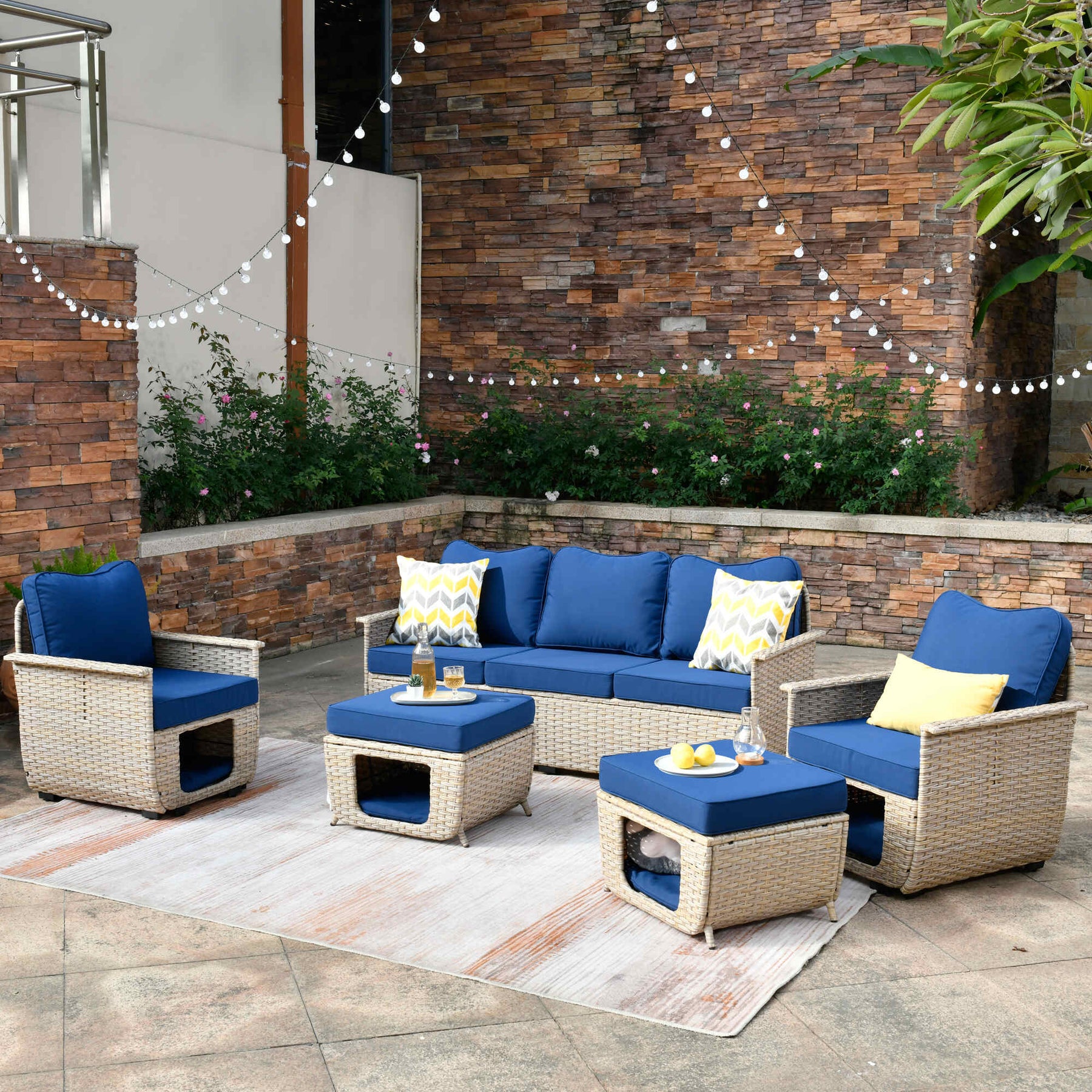 Ovios Patio Conversation Set 5 Pieces Beige Wicker with Multifunctional Storage