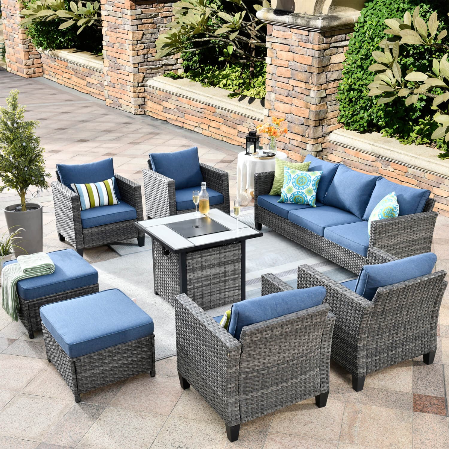 OVIOS Patio Vultros 8-Piece Conversation Set with 30'' Propane Fire Pit Table