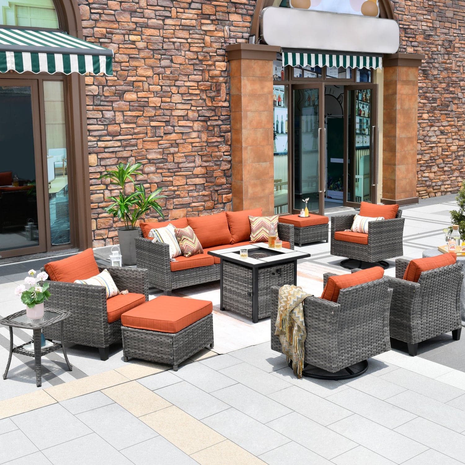 OVIOS Patio Vultros 9-Piece Set with 2 Swivel Chairs and 30'' Propane Fire Pit Table
