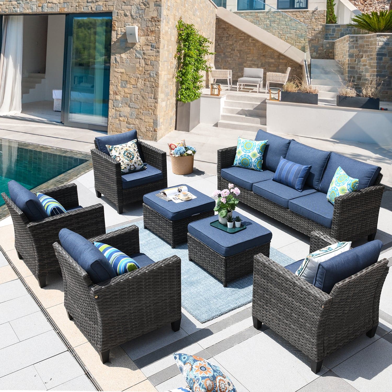 OVIOS Patio Furniture Set New Vultros 7-Piece High Back with Cushions