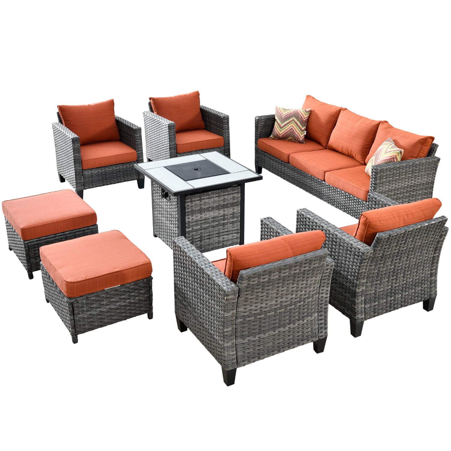Ovios Patio Vultros 8-Piece Conversation Set with 30'' Propane Fire Pit Table