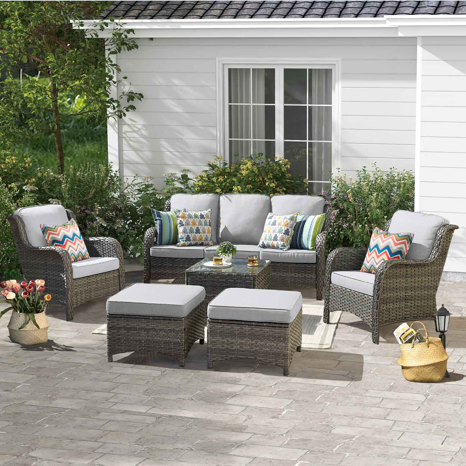 OVIOS Patio Furniture Set 6-Piece with Table Kenard Curved Handrest