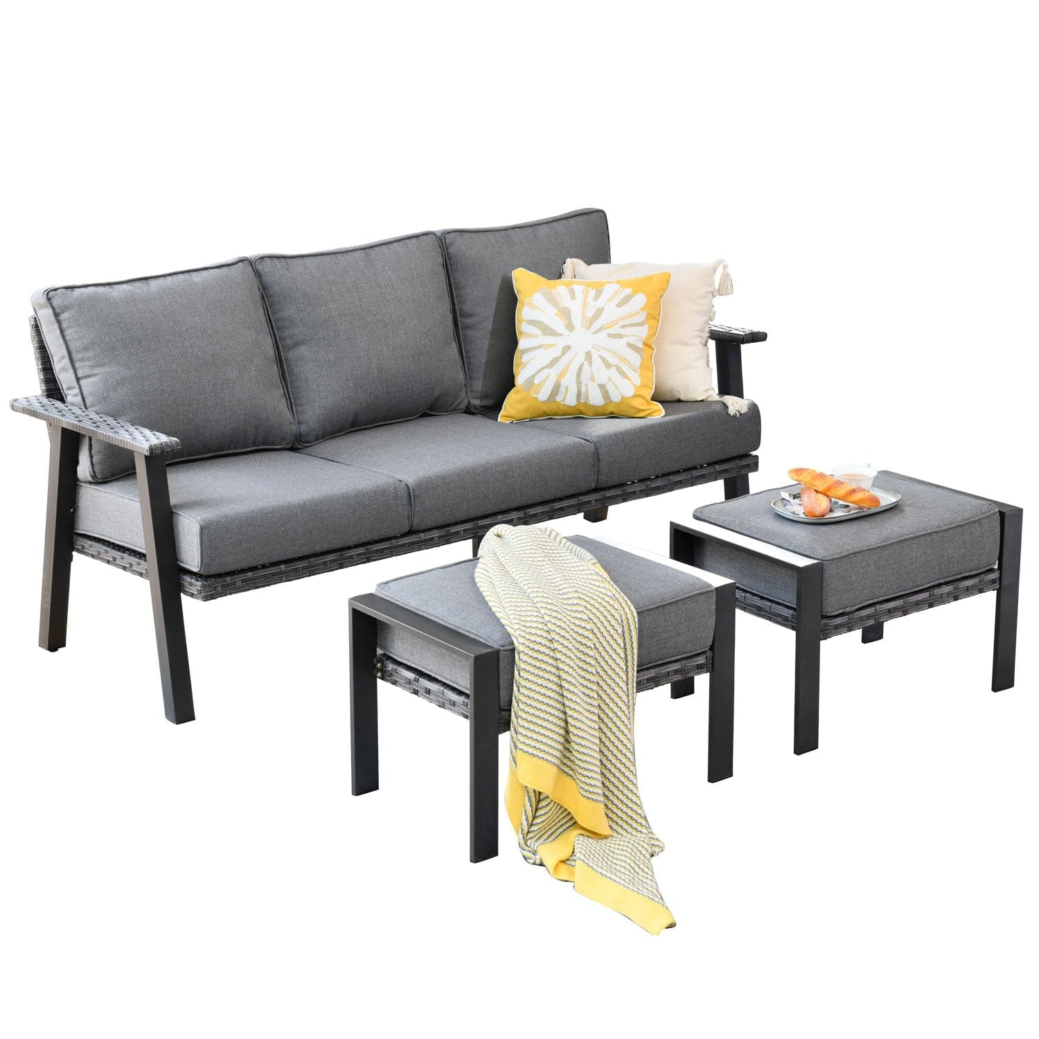Ovios Bistro Set 3 Piece Couch with 2 Ottoman 5'' Cushion, Olefin Fabric