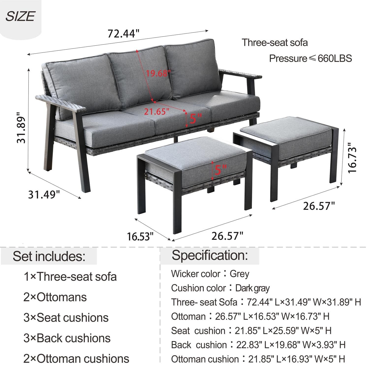 Ovios Bistro Set 3 Piece Couch with 2 Ottoman 5'' Cushion, Olefin Fabric