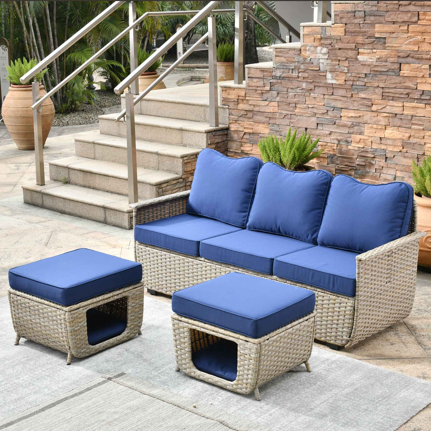 Ovios Outdoor Sofa Set 3 Pieces Beige Wicker Couch with Multifunctional Storage Ottomans
