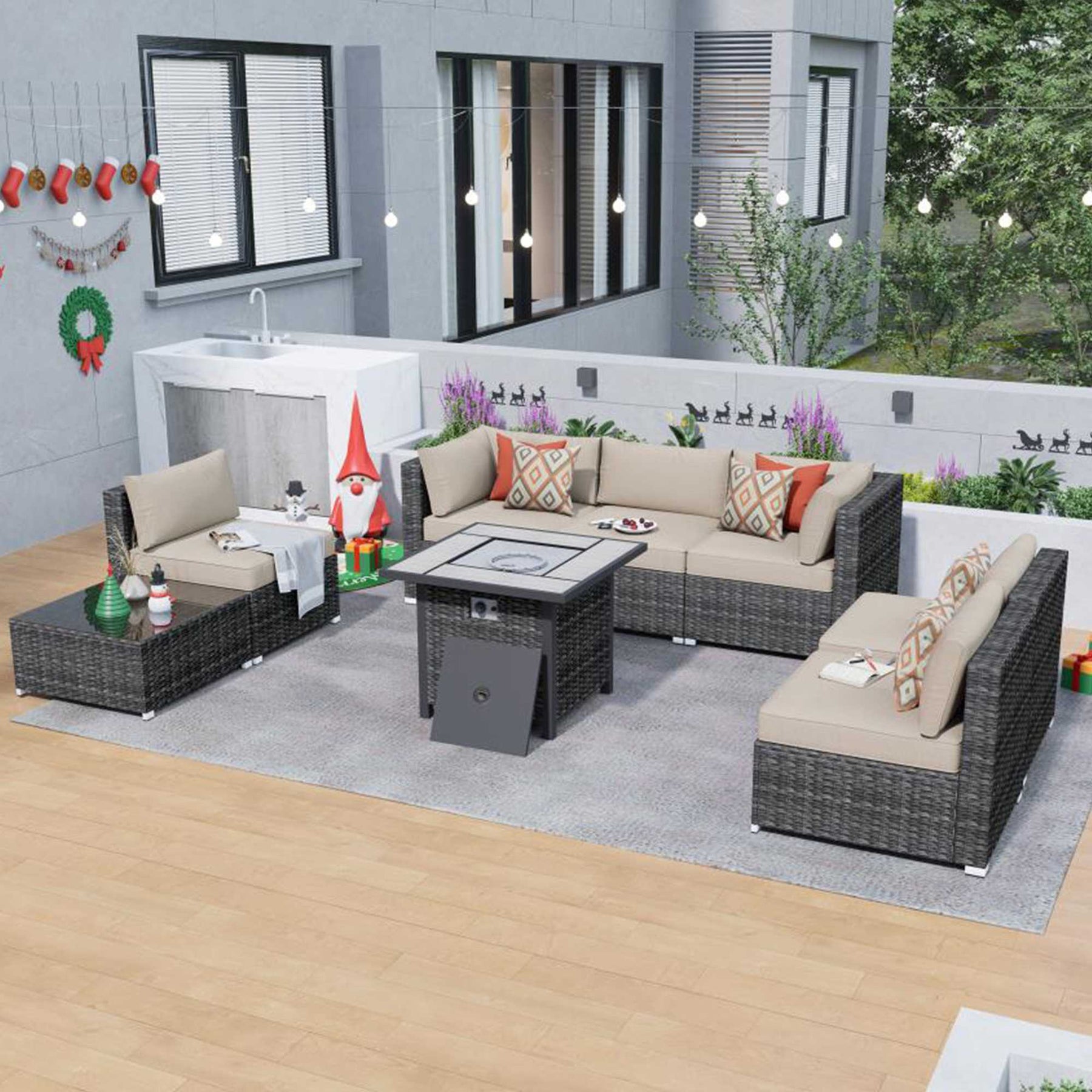 Ovios Outdoor Sectional Furniture 8-Piece with 30'' Fire Pit Table