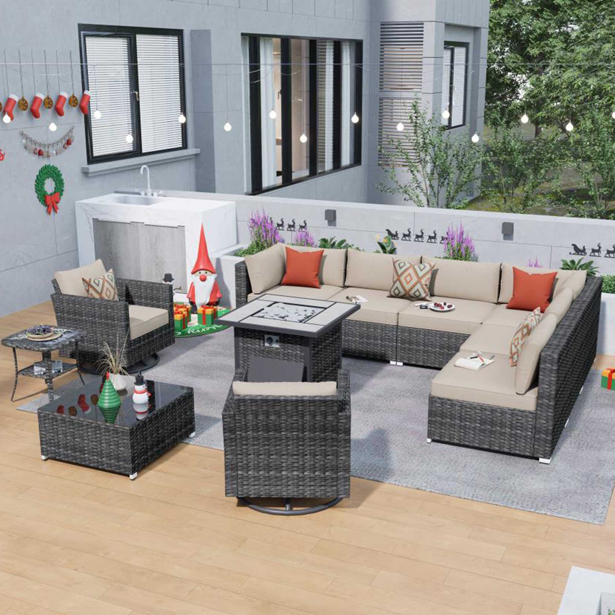 OVIOS Outdoor Sectional Furniture 11-Piece with Rocking Chair and 30'' Fire Pit Table