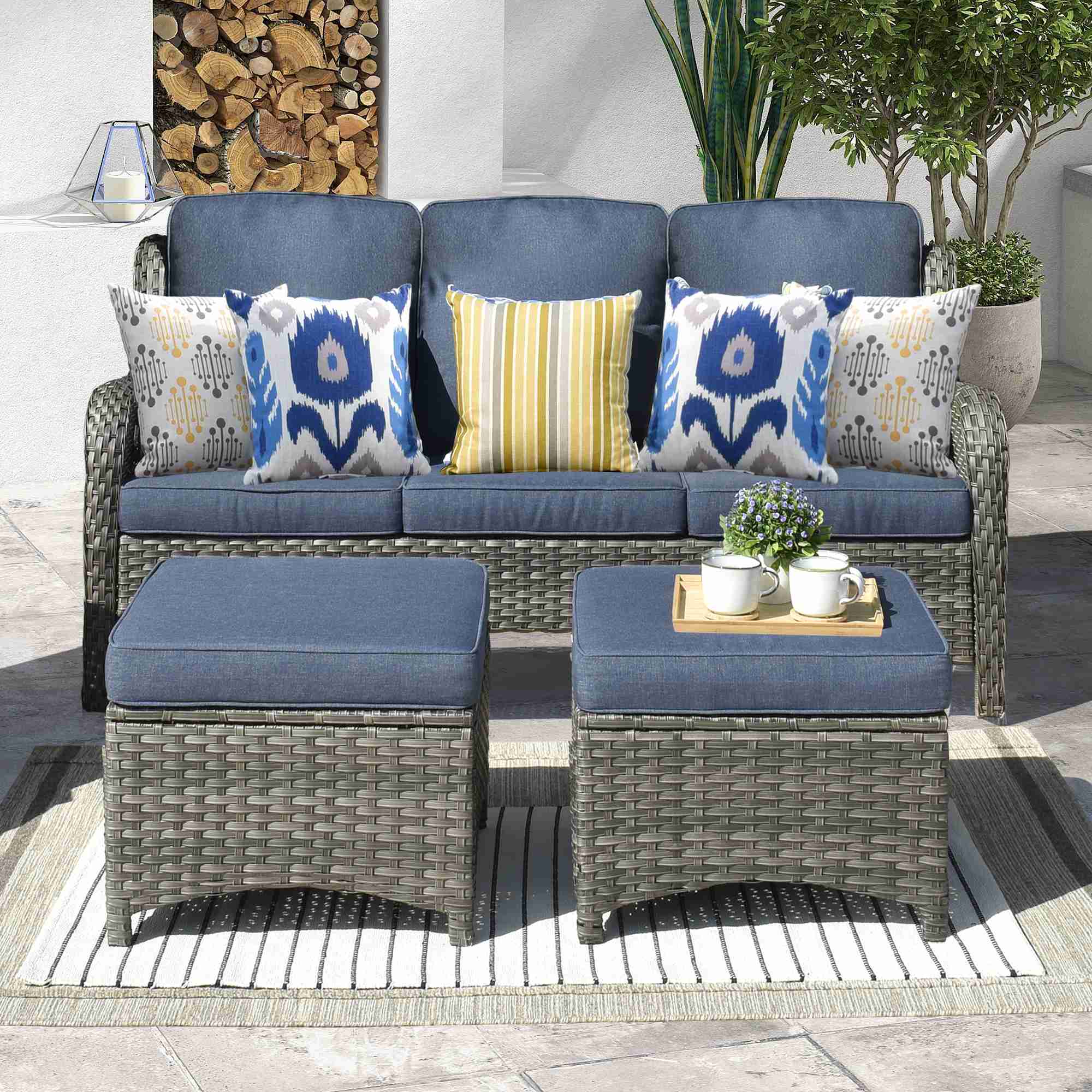 #Color_Grey Wicker Denim Blue Cushion