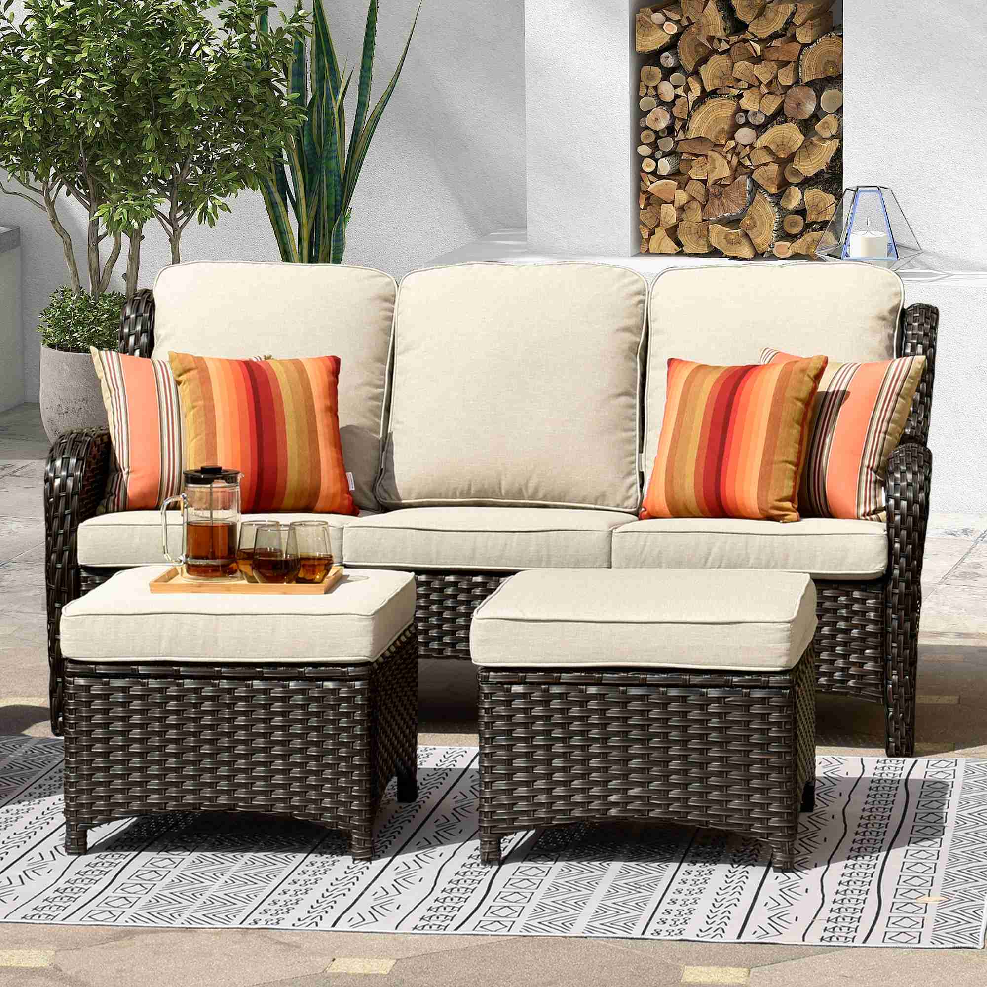 OVIOS Outdoor Couch 3-Piece with Ottoman Kenard Curved Handrest
