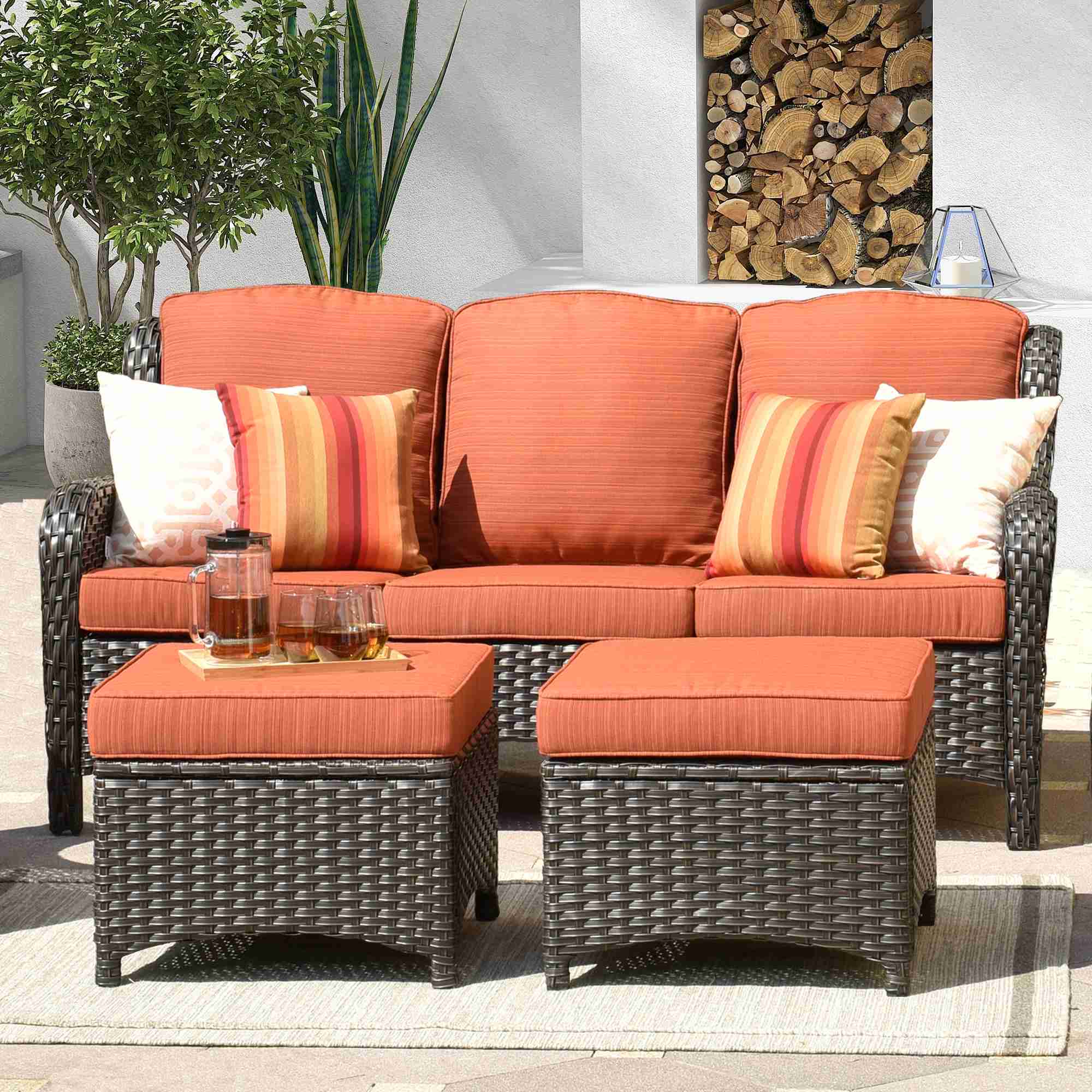 OVIOS Outdoor Couch 3-Piece with Ottoman Kenard Curved Handrest