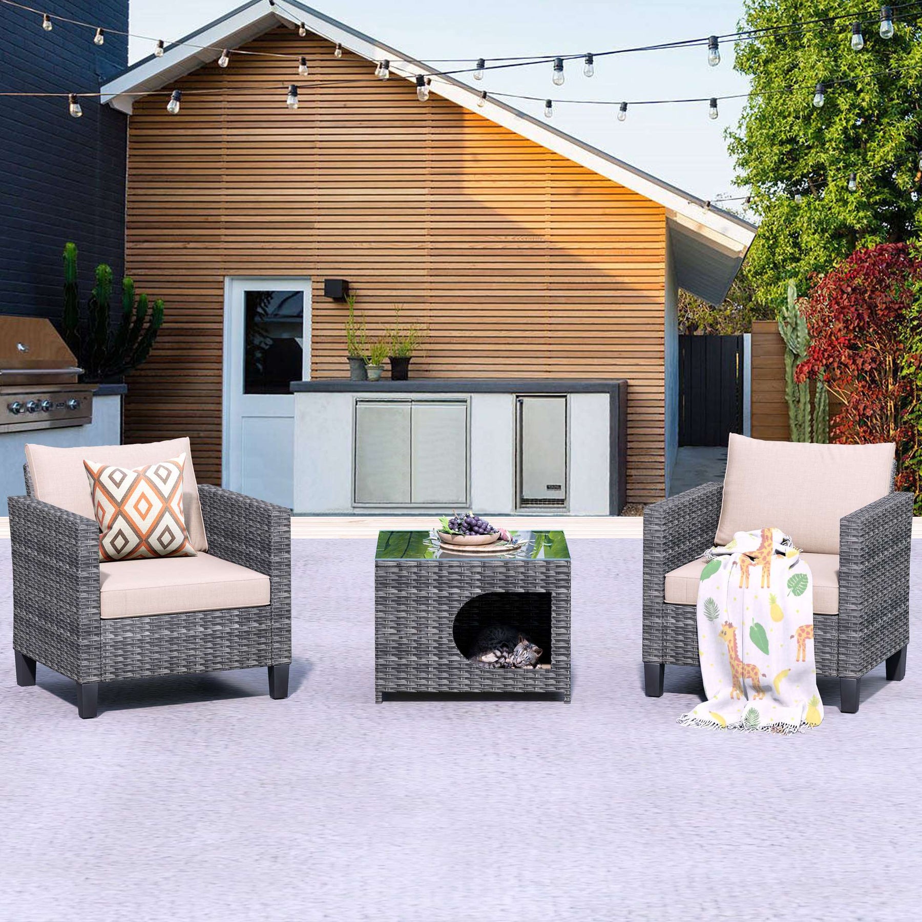 Ovios Patio Chairs New Vultros 3-Piece with Pet Table High Back Square Shape Armrest