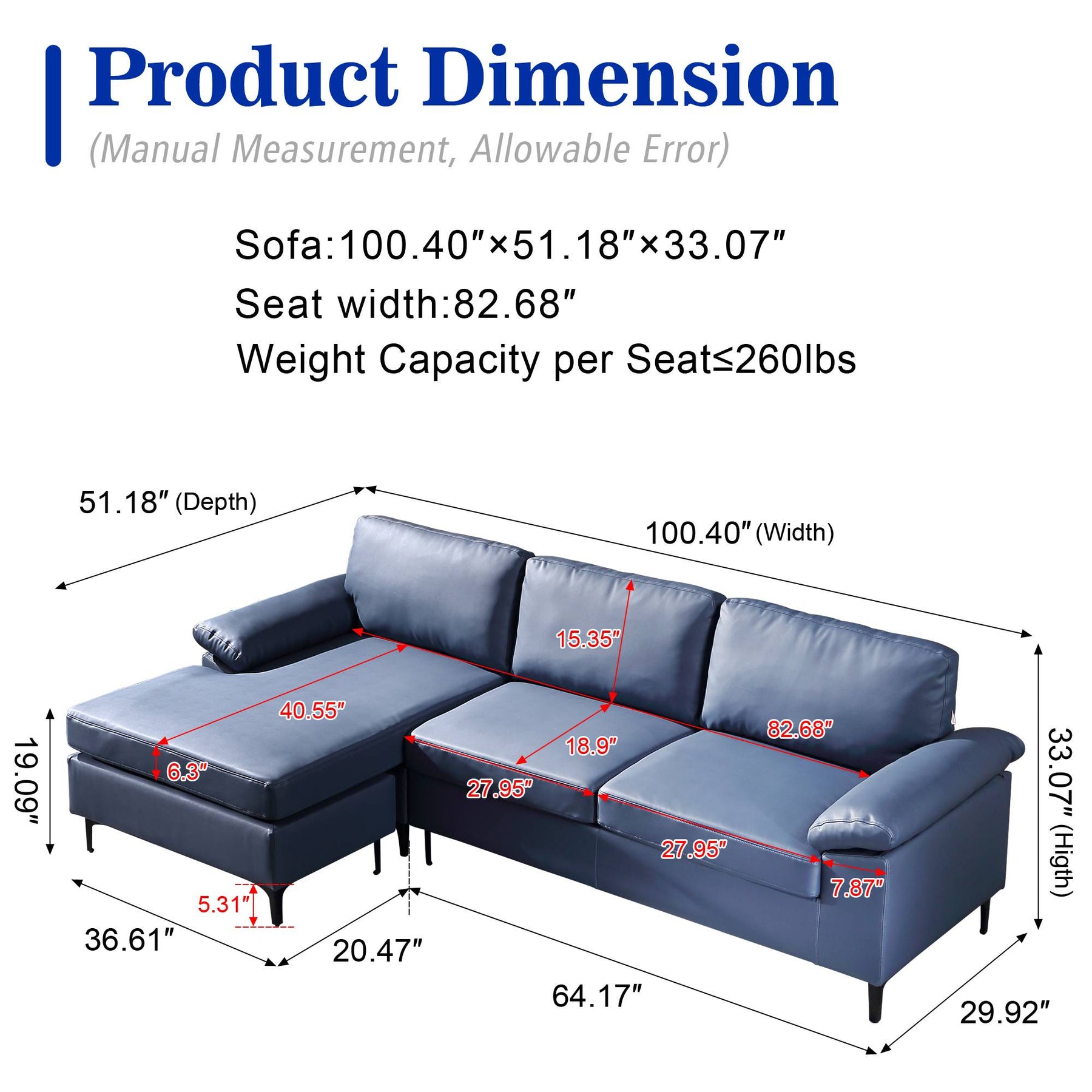 Ovios Living Room Reversible Sofa Chaise 100.40" Wide Dark Blue