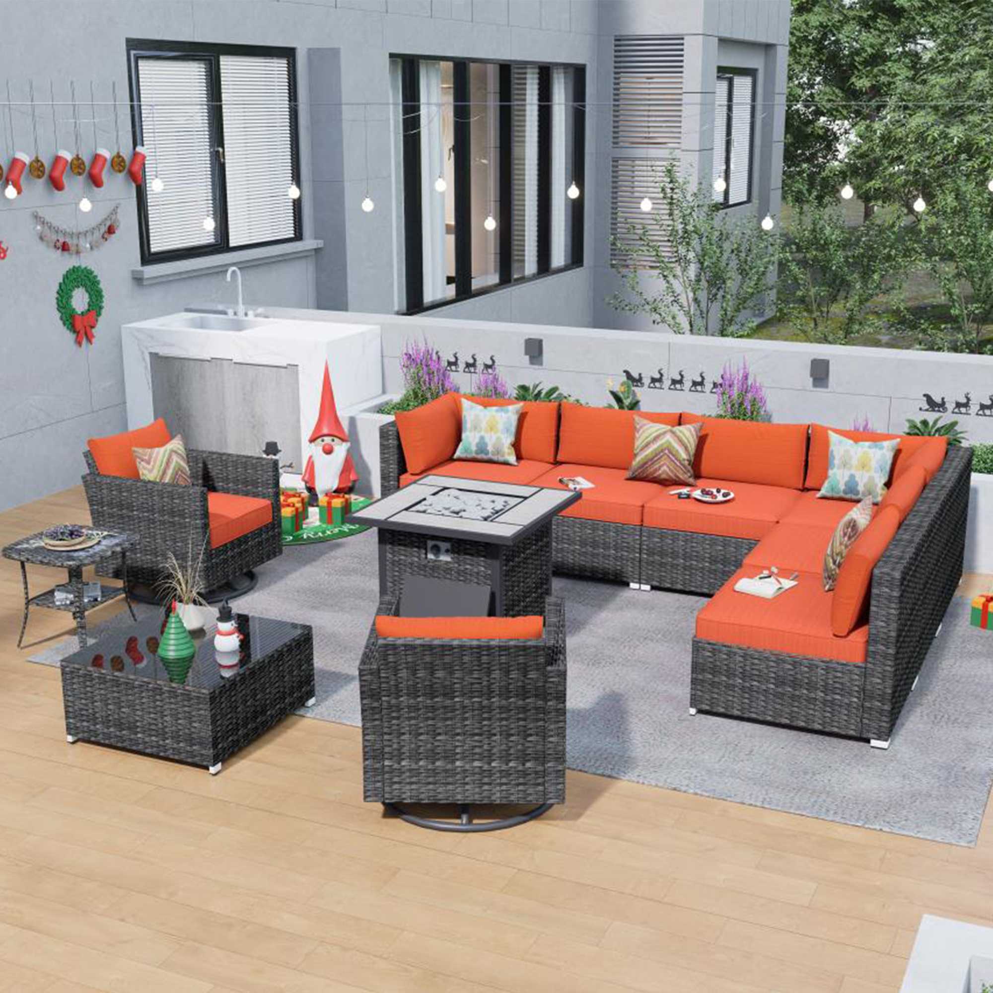 OVIOS Outdoor Sectional Furniture 11-Piece with Rocking Chair and 30'' Fire Pit Table