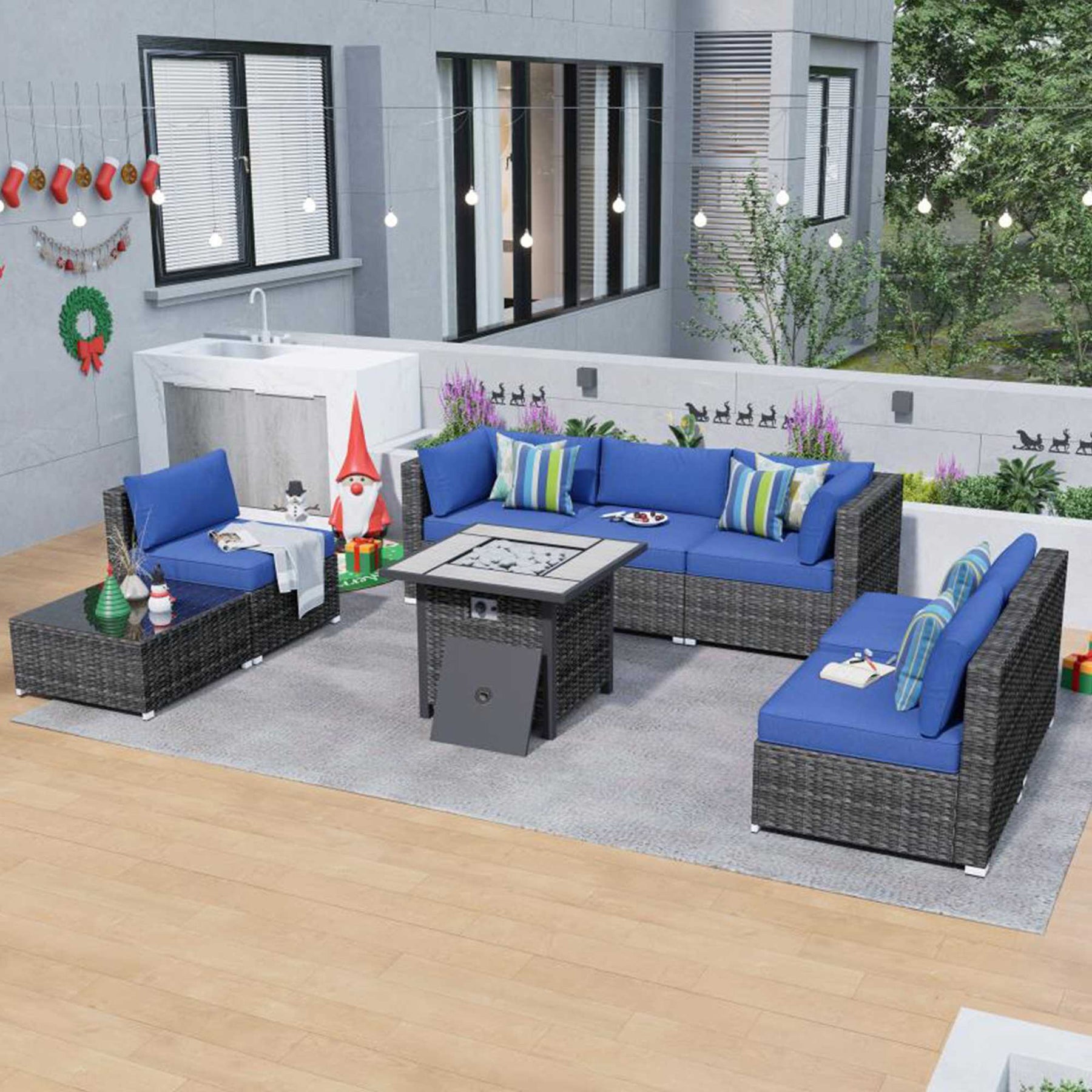 Ovios Outdoor Sectional Furniture 8-Piece with 30'' Fire Pit Table