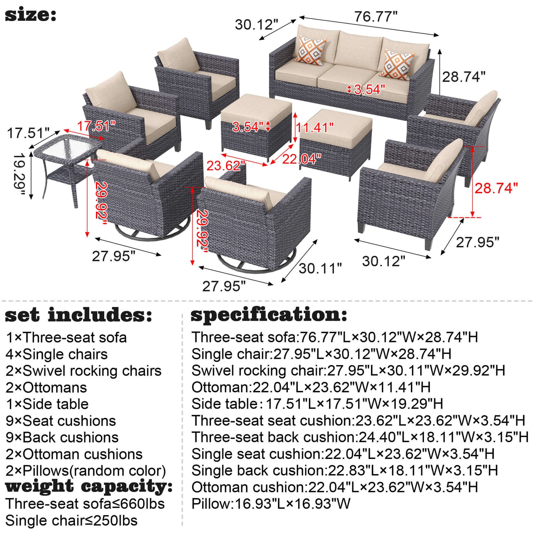 Ovios Patio Conversation Set 10-Piece with Swivel Rocking Chairs and Table