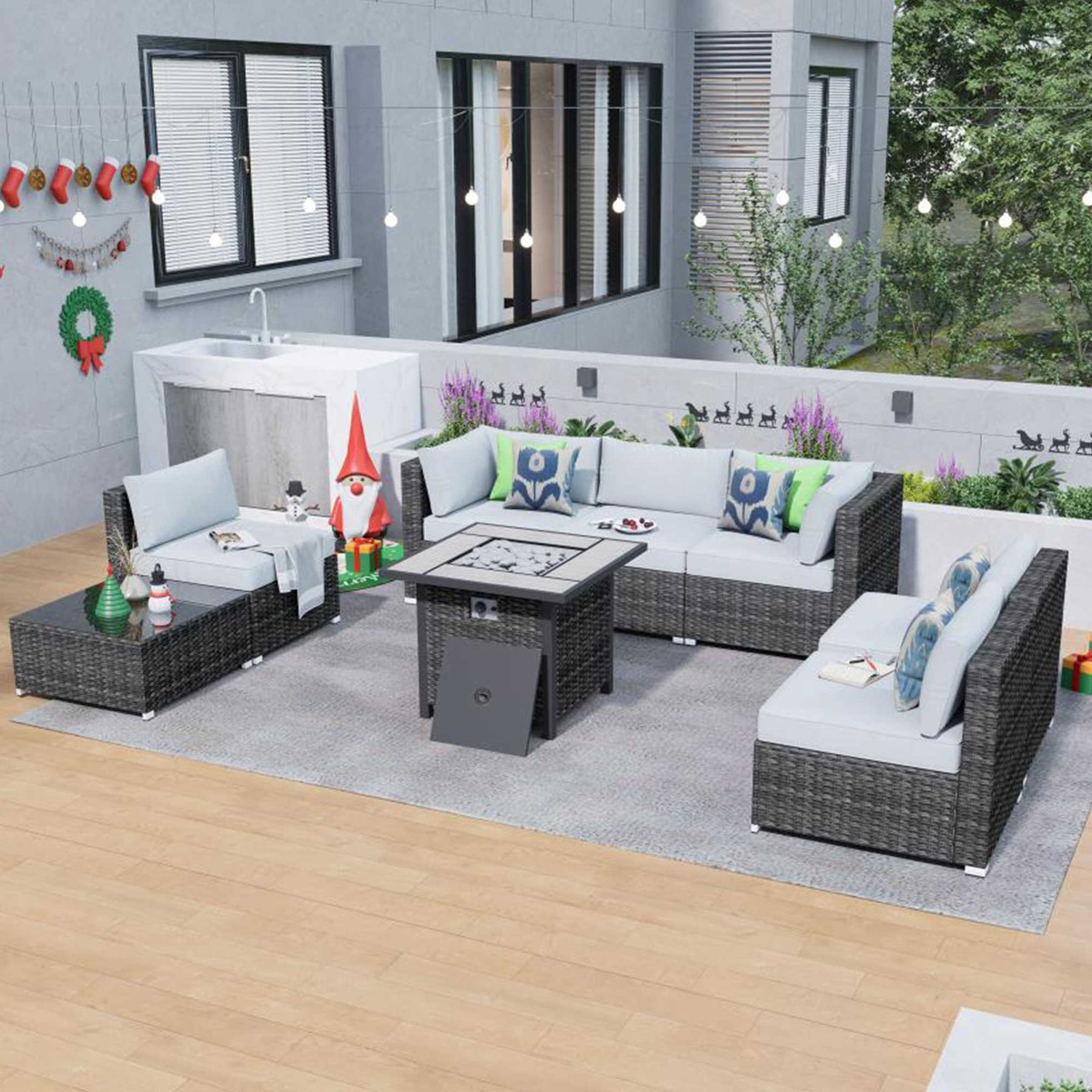 Ovios Outdoor Sectional Furniture 8-Piece with 30'' Fire Pit Table