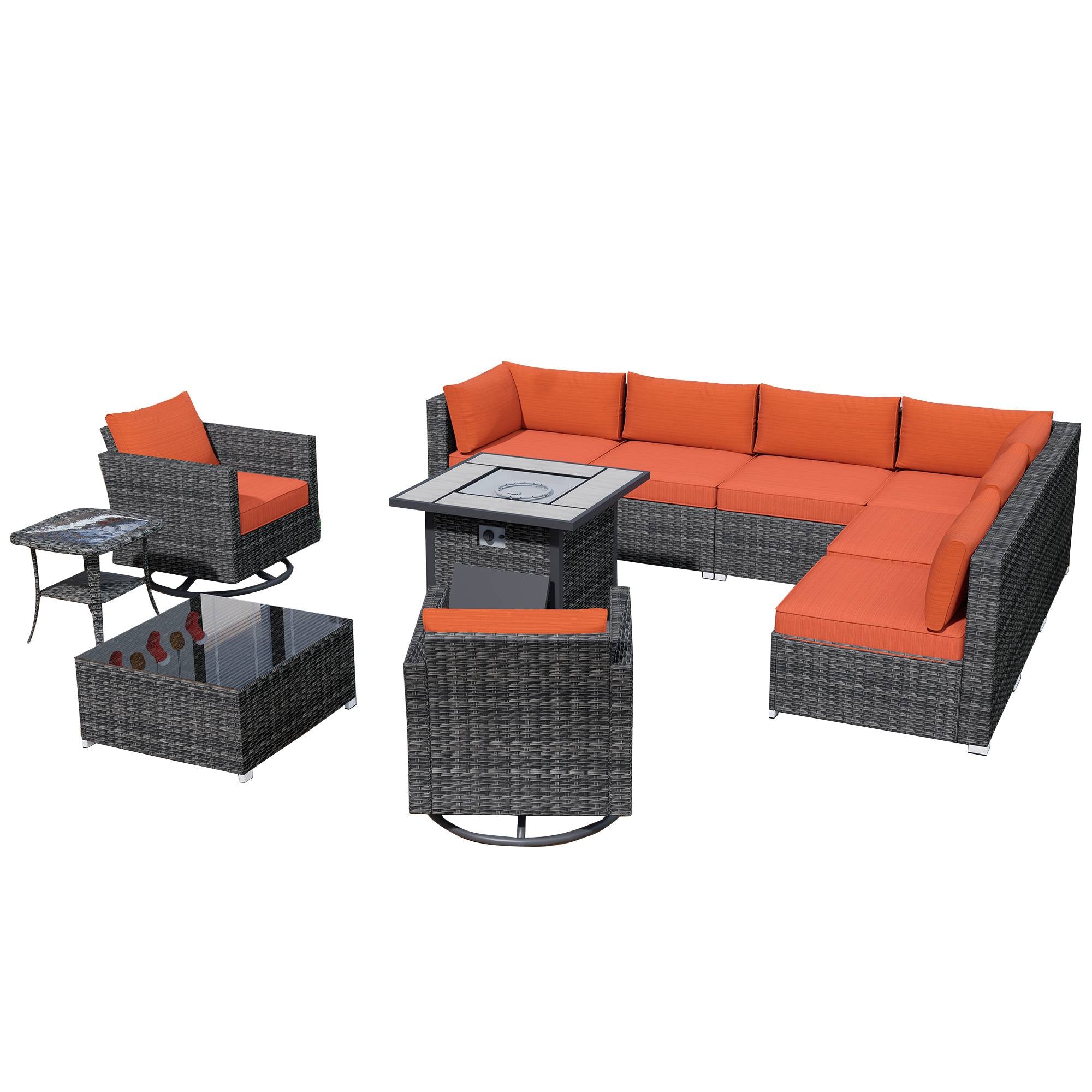 OVIOS Outdoor Sectional Furniture 11-Piece with Rocking Chair and 30'' Fire Pit Table