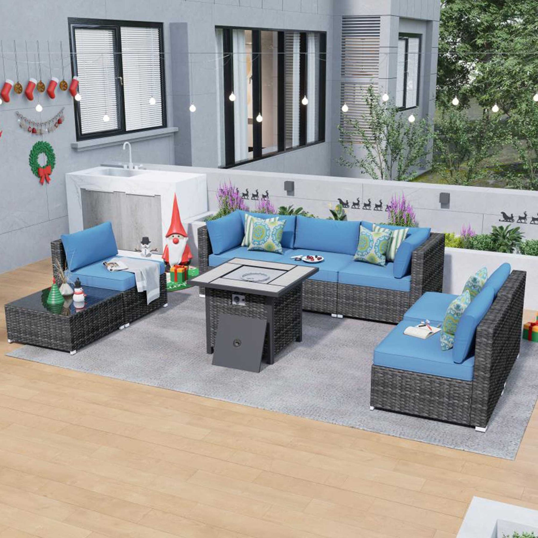 Ovios Outdoor Sectional Furniture 8-Piece with 30'' Fire Pit Table
