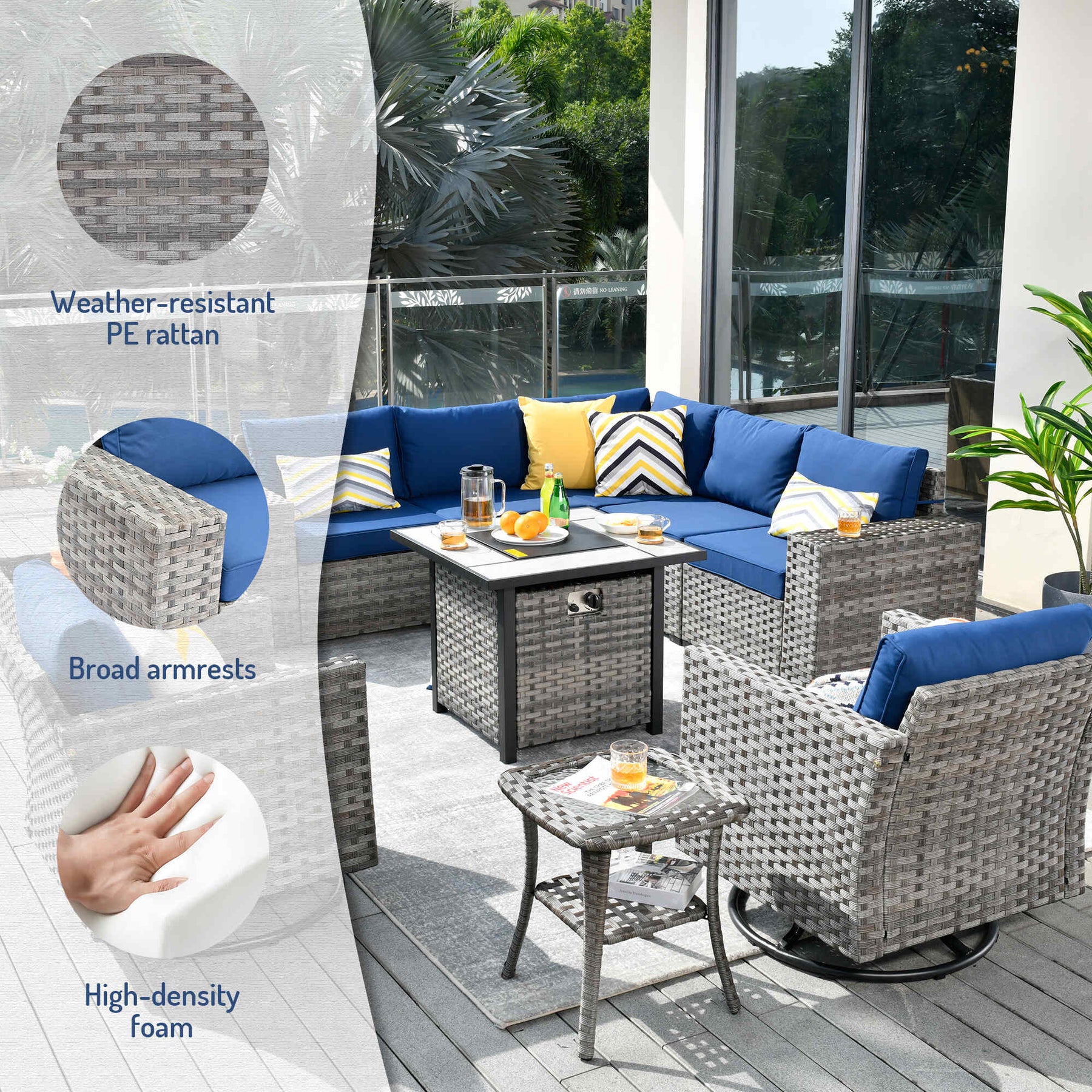 Ovios 10 Pieces Patio Furniture with 7.68'' Handrails and 30'' Fire Pit Table Rocking Chair