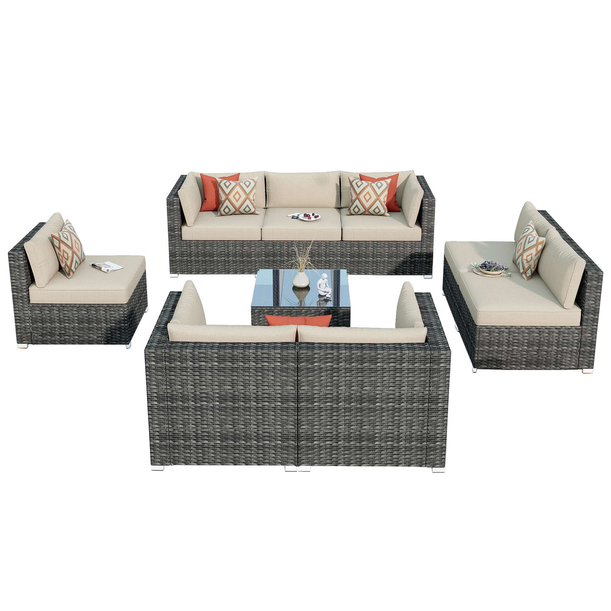 OVIOS Outdoor Sectional Furniture 9-Piece with Cushions and Table