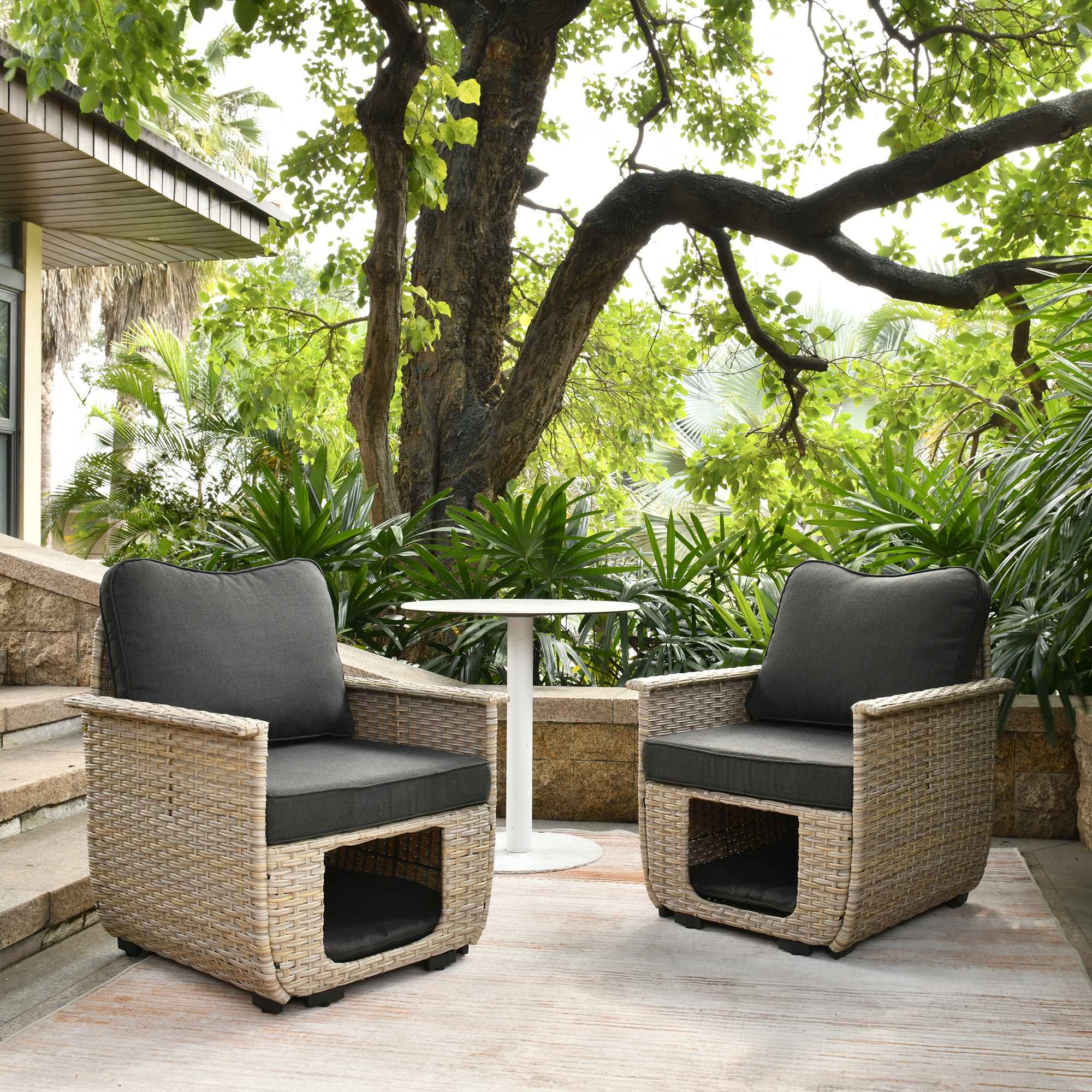 Ovios Patio Chairs Beige Wicker 2 Pieces with Multifunctional Storage