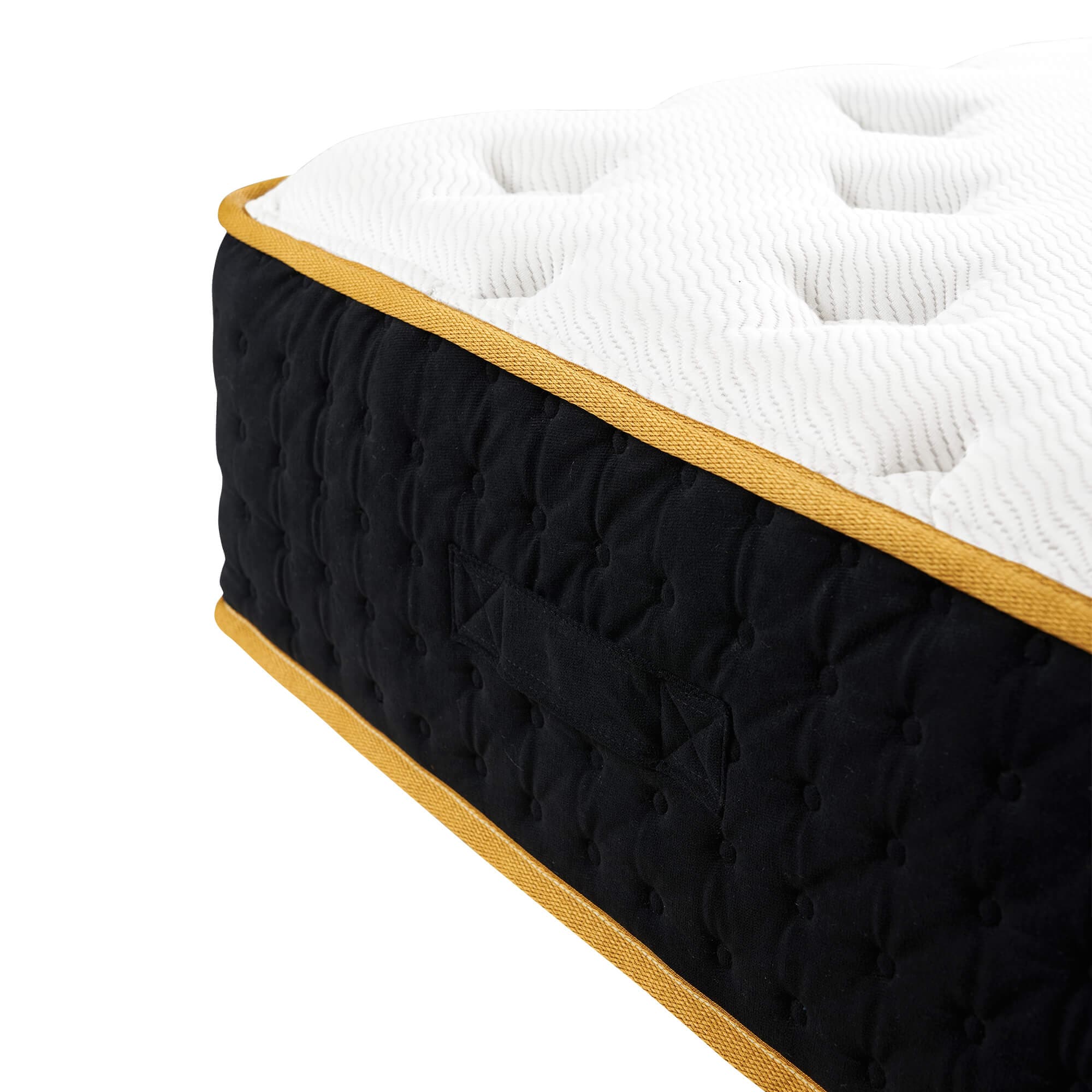 Xizzi 12" Hybrid Mattress detail with bamboo fiber fabric, white quilted top, and black sides.