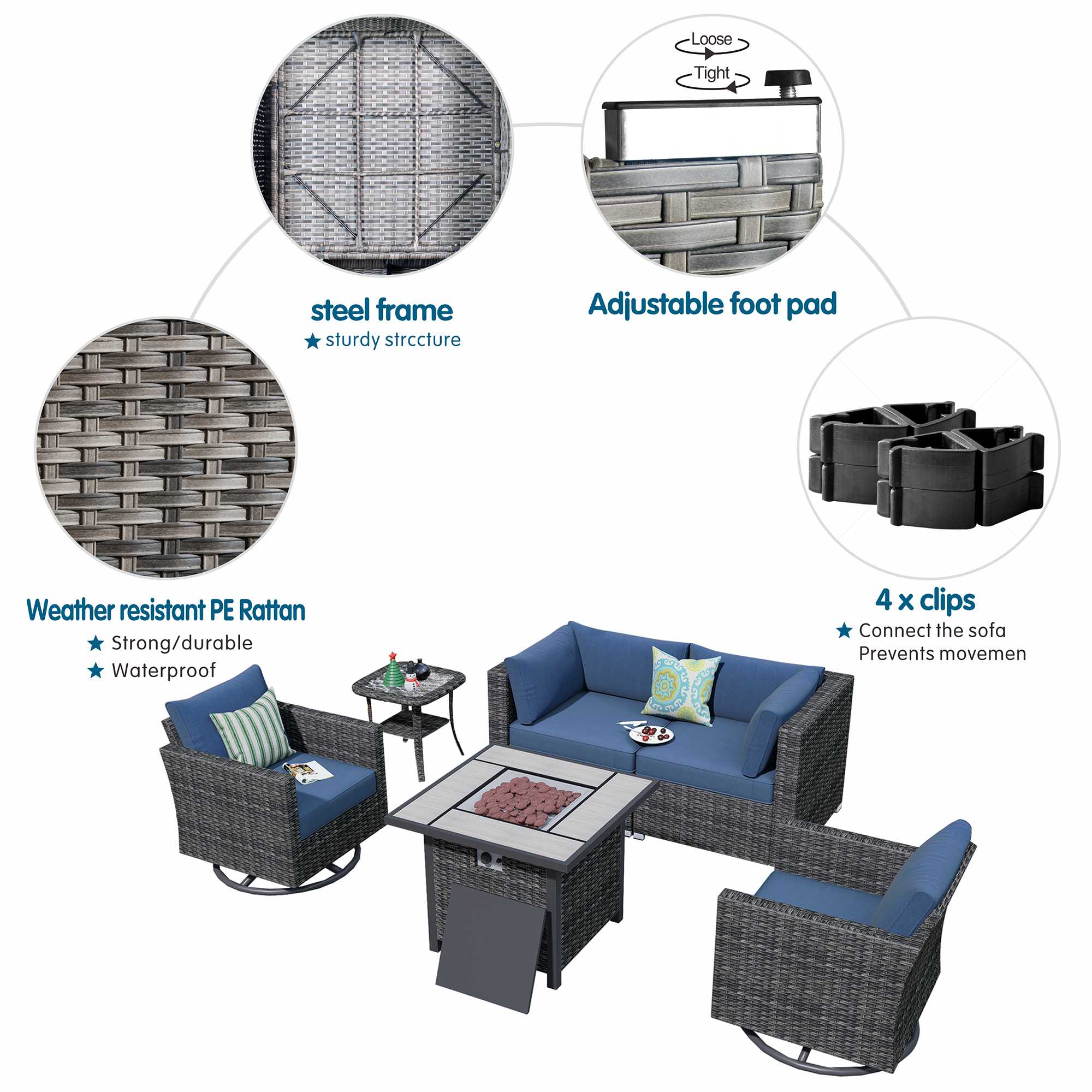 OVIOS Outdoor Sectional Furniture 6-Piece with Rocking Chair and 30'' Fire Pit Table