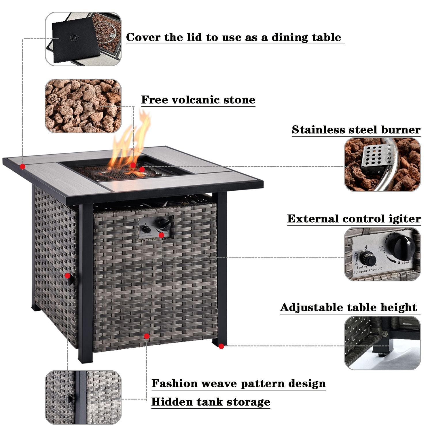 OVIOS Outdoor Sectional Furniture 6-Piece with Rocking Chair and 30'' Fire Pit Table