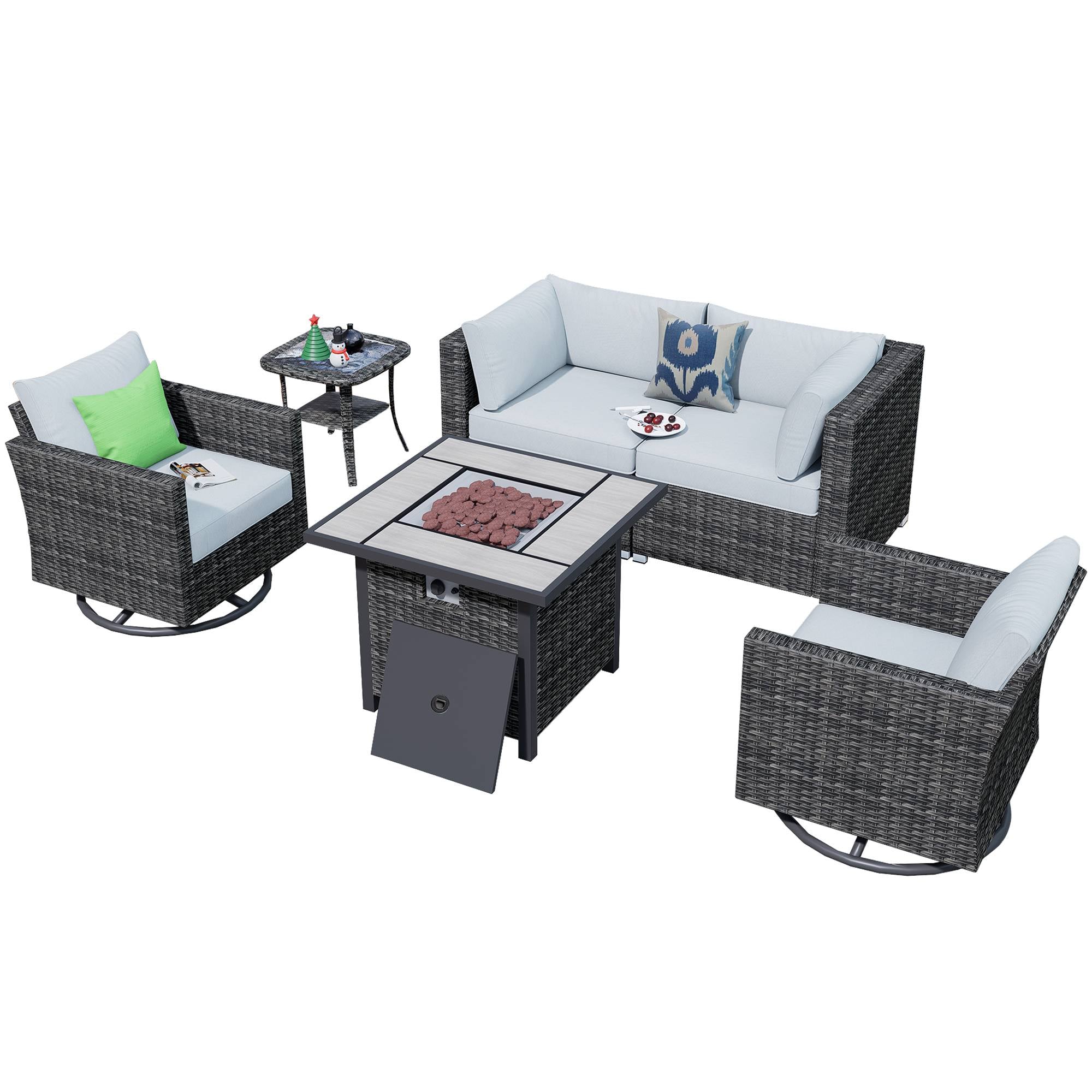 OVIOS Outdoor Sectional Furniture 6-Piece with Rocking Chair and 30'' Fire Pit Table