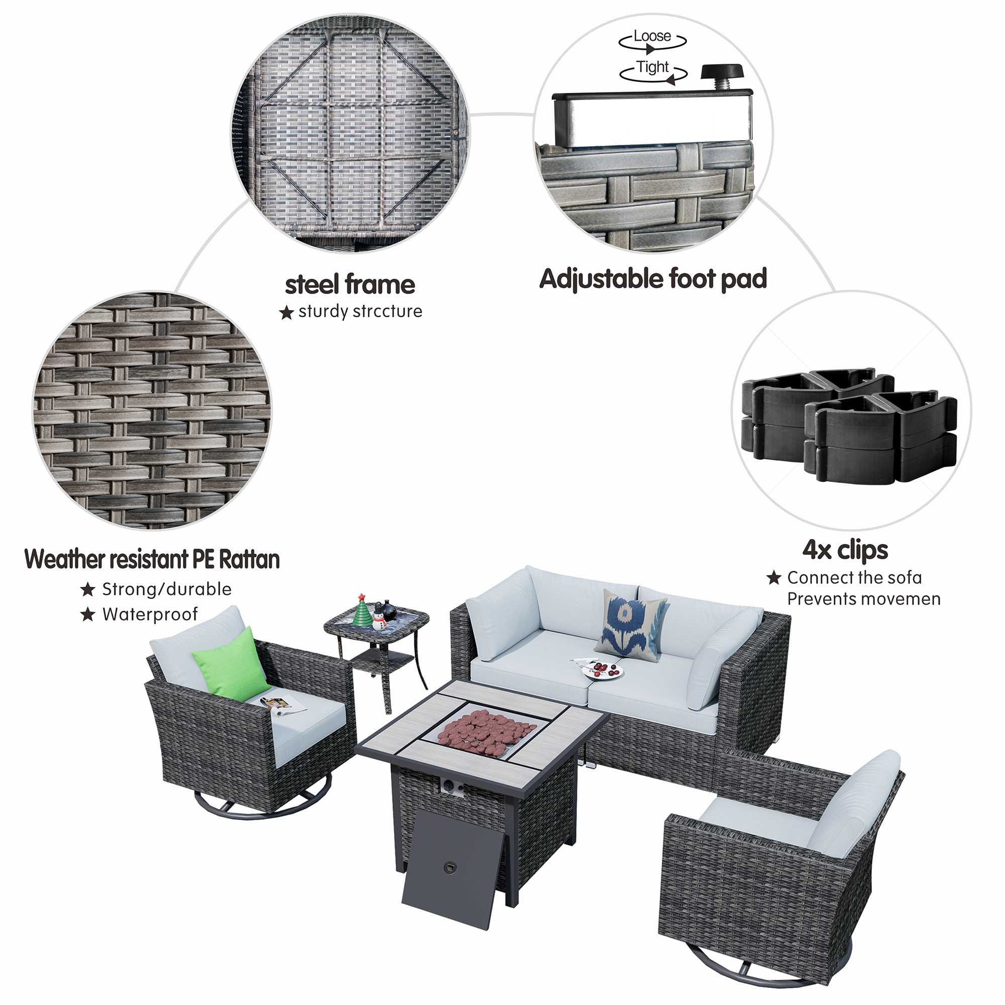 OVIOS Outdoor Sectional Furniture 6-Piece with Rocking Chair and 30'' Fire Pit Table