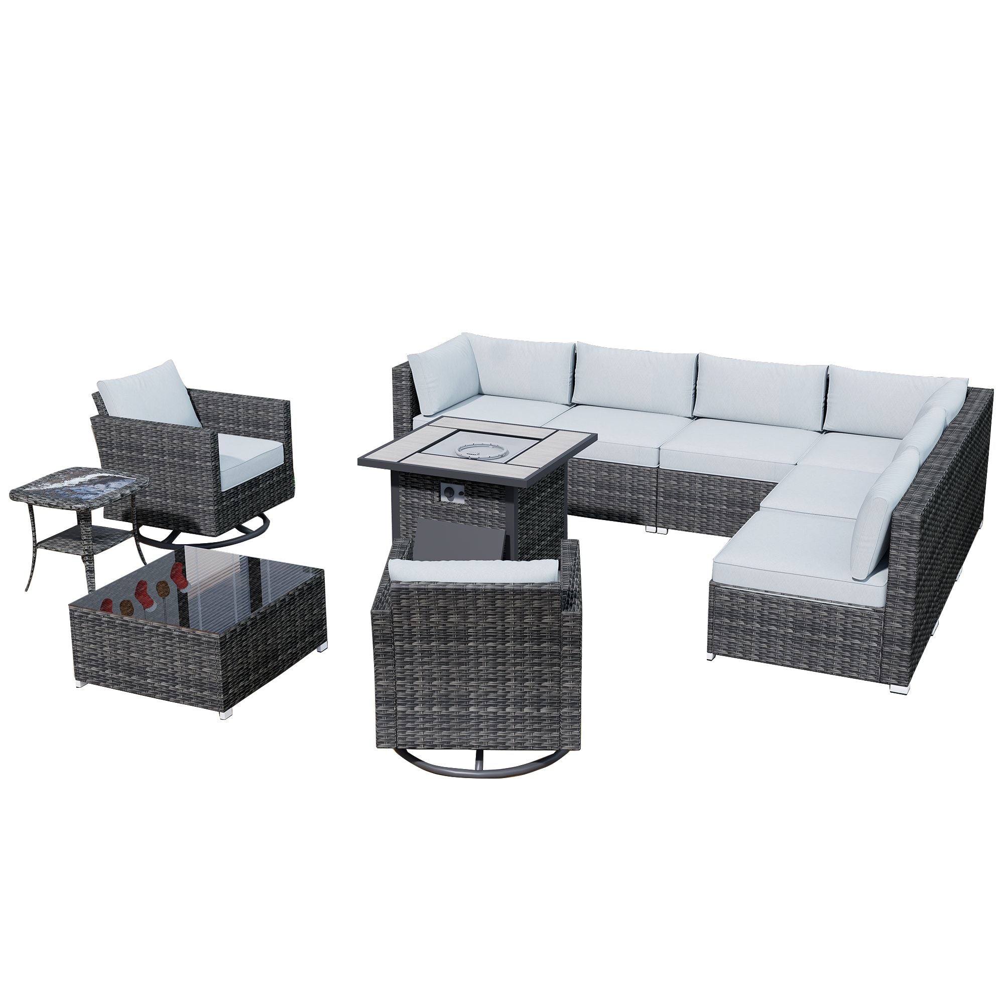 OVIOS Outdoor Sectional Furniture 11-Piece with Rocking Chair and 30'' Fire Pit Table