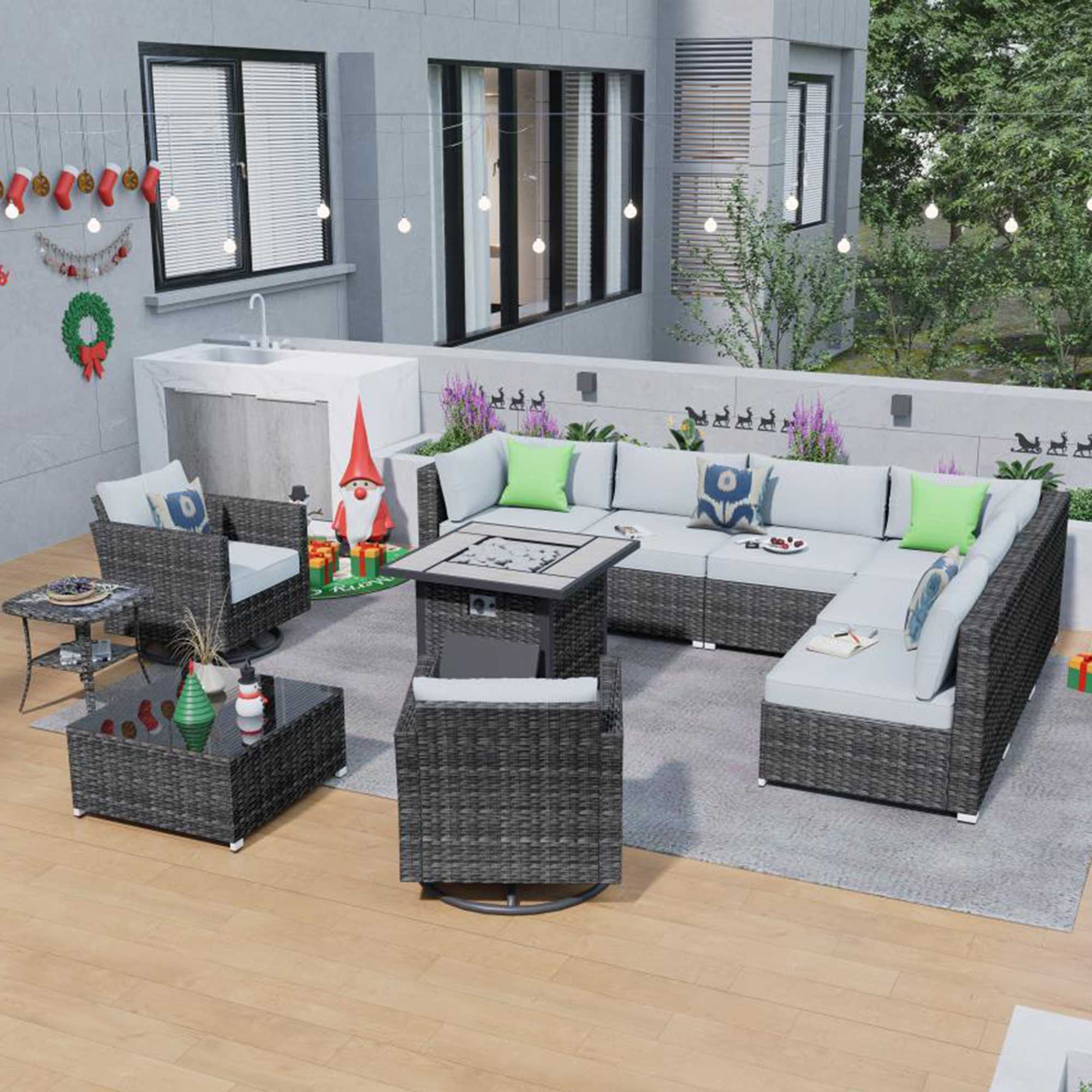 OVIOS Outdoor Sectional Furniture 11-Piece with Rocking Chair and 30'' Fire Pit Table