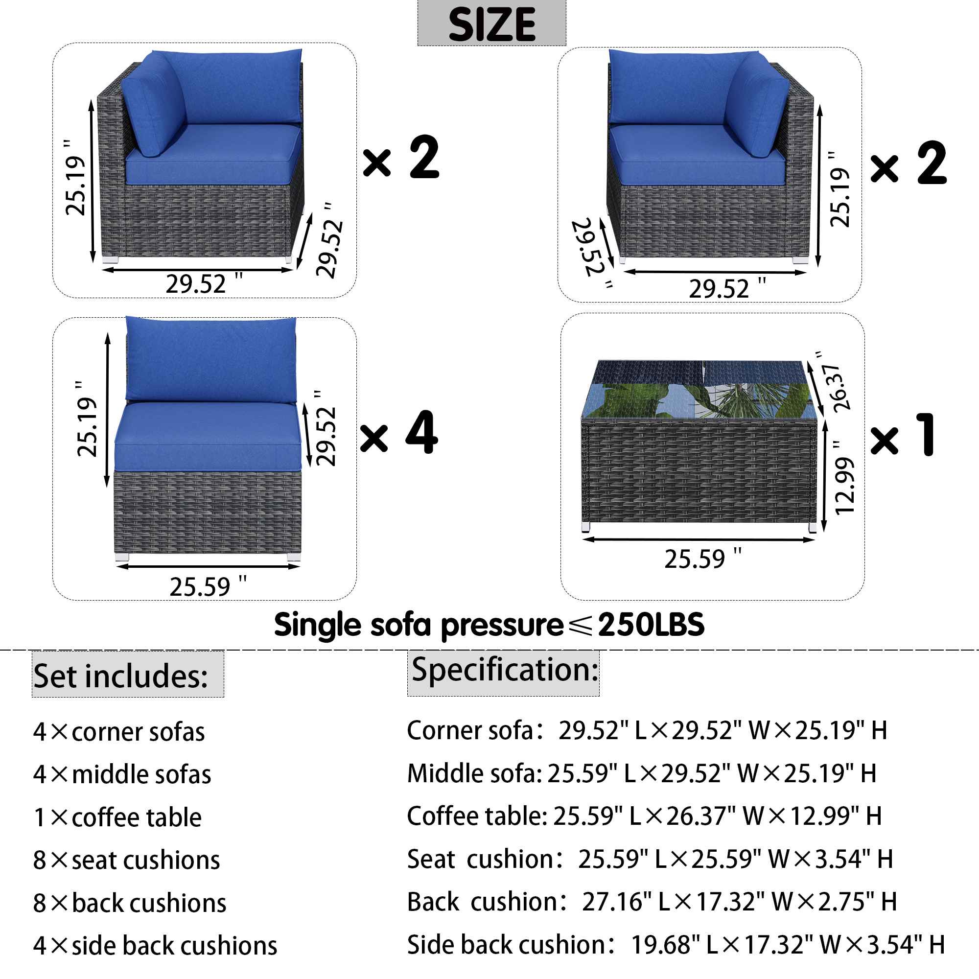 OVIOS Outdoor Sectional Furniture 9-Piece with Cushions and Table