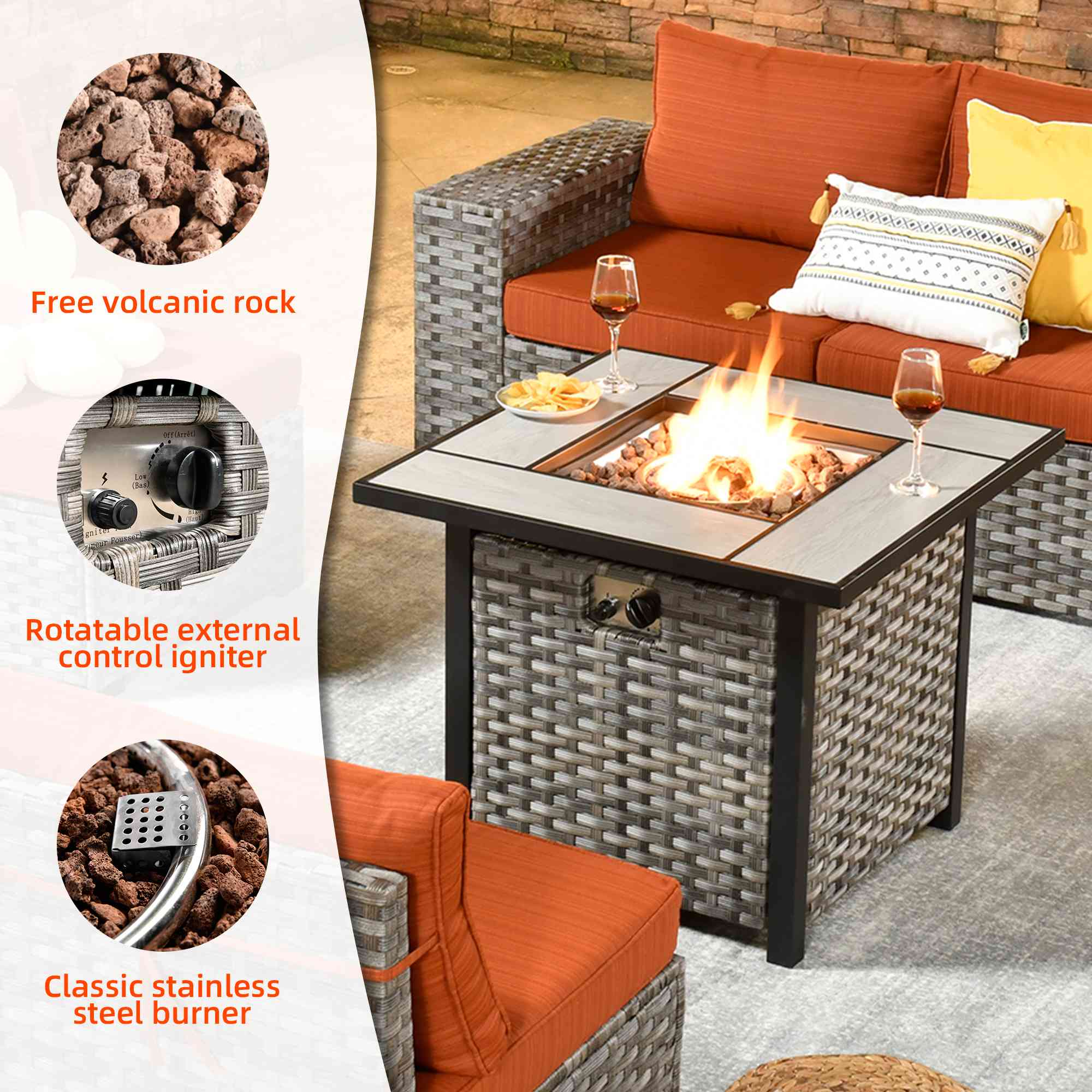 OVIOS 7 Pieces Patio Furniture Set with 7.68'' Broad Handrails and 30'' Fire Pit Table