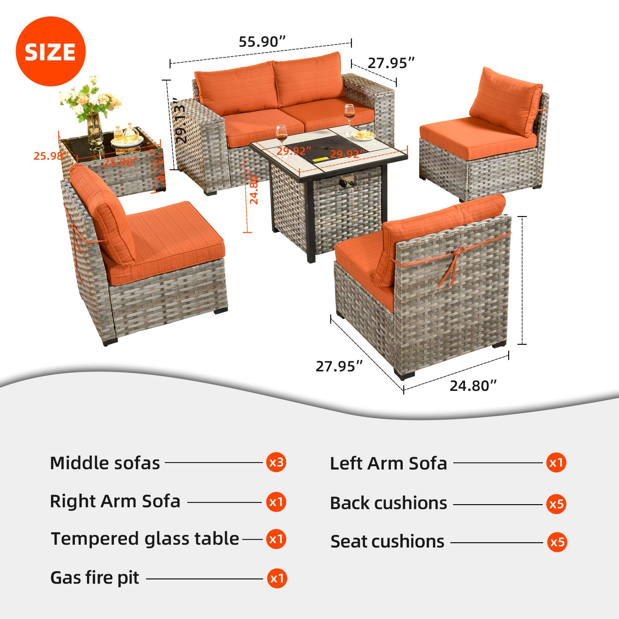 OVIOS 7 Pieces Patio Furniture Set with 7.68'' Broad Handrails and 30'' Fire Pit Table